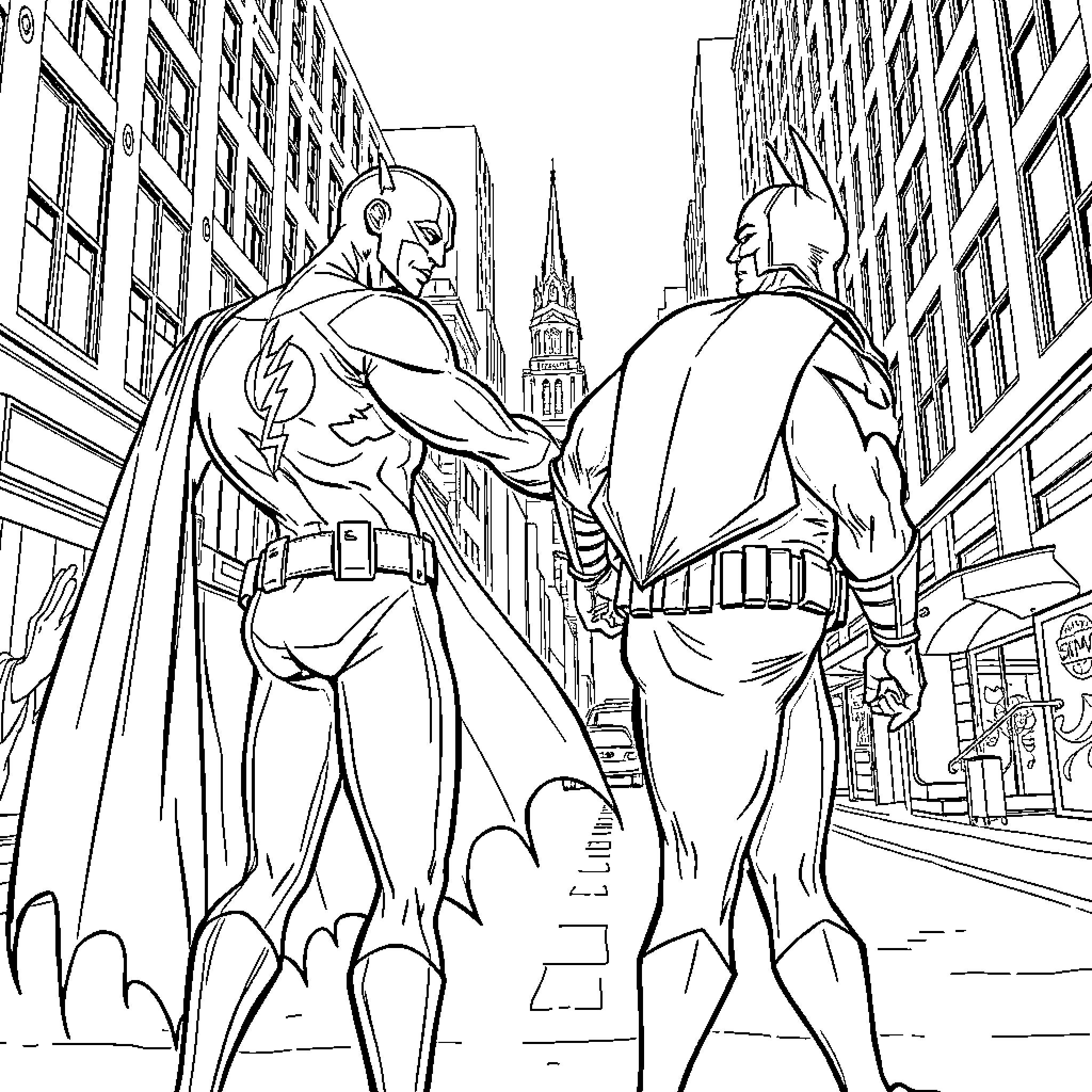 Flash Heroes Confront in the City Street Coloring Page (free black-and-white line drawing printable PDF for all, from beginners to advanced learners, including children, teens, adults, and seniors)