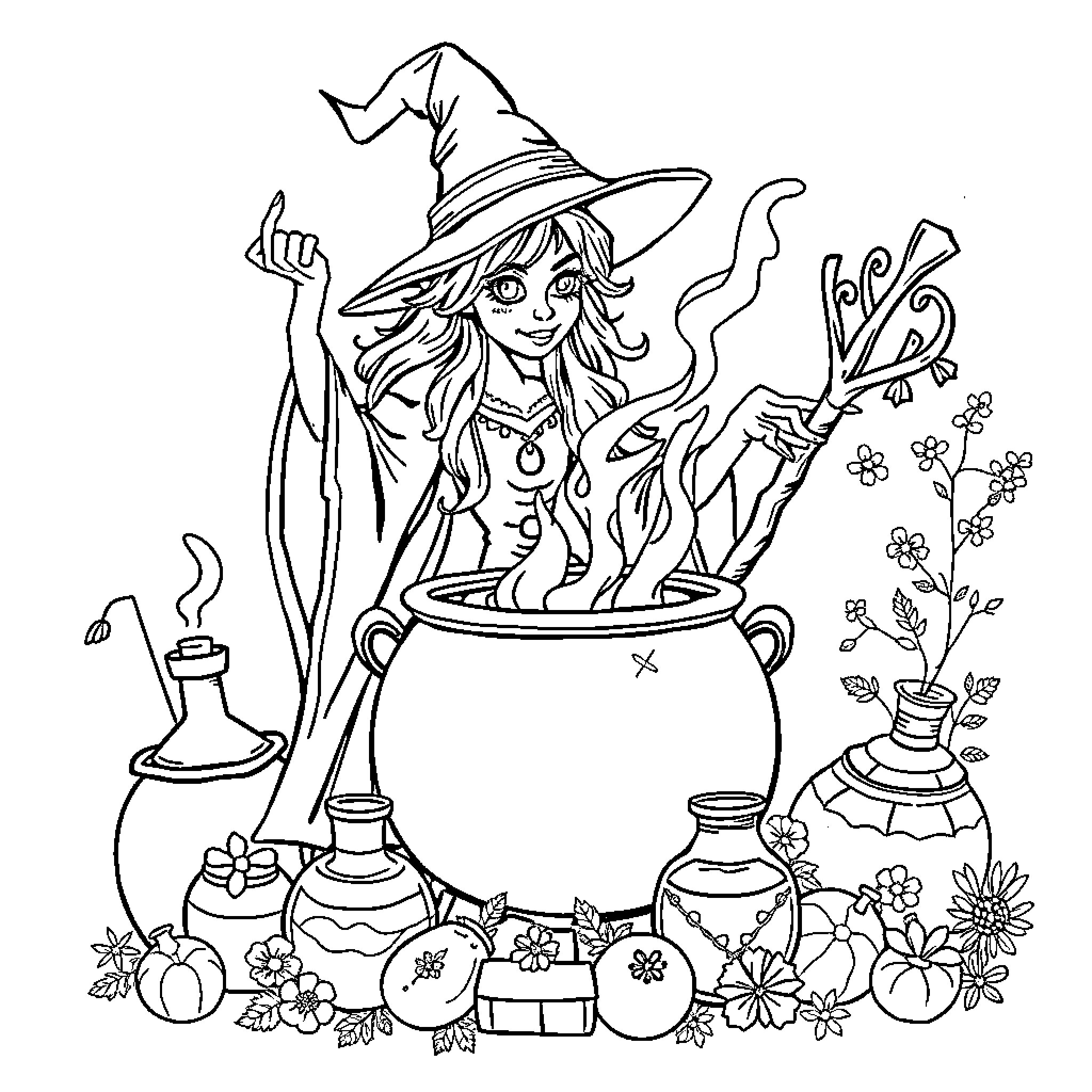 Witch Preparing Magical Potion in Enchanted Garden Coloring Page (free black-and-white line drawing printable PDF for all, from beginners to advanced learners, including children, teens, adults, and seniors)