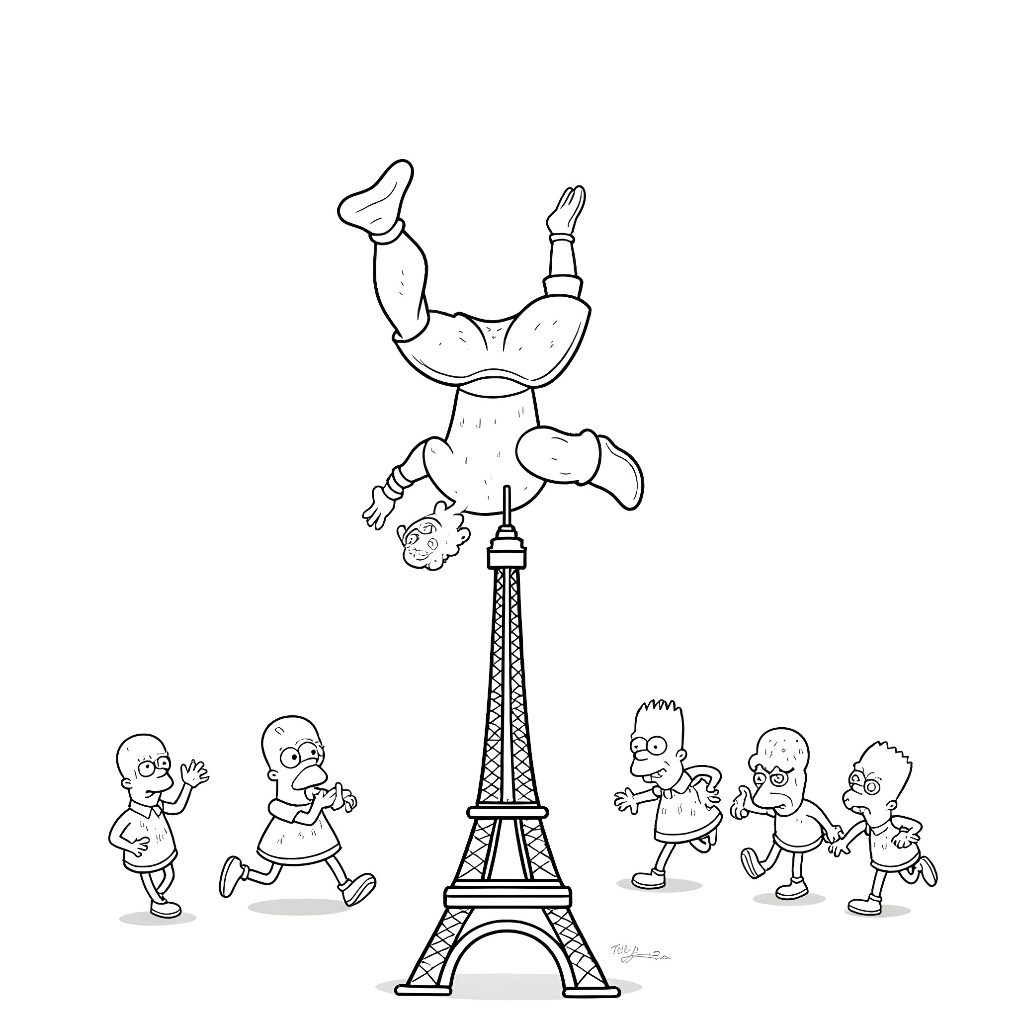 Donut character performing acrobatics near Eiffel Tower with cartoon figures Coloring Page (free black-and-white line drawing printable PDF for all, from beginners to advanced learners, including children, teens, adults, and seniors)