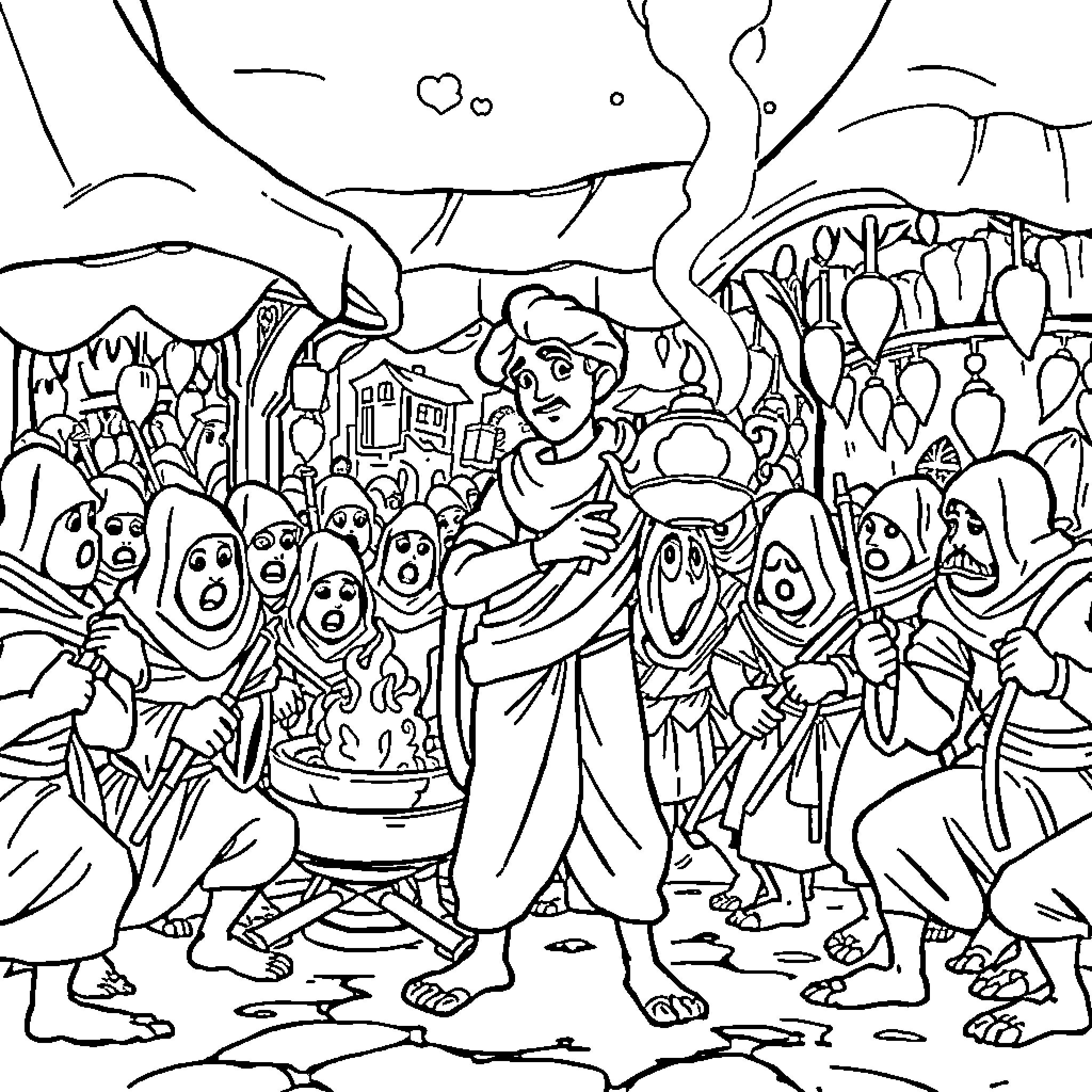 Aladdin among a crowd of fantastical characters Coloring Page (free black-and-white line drawing printable PDF for all, from beginners to advanced learners, including children, teens, adults, and seniors)