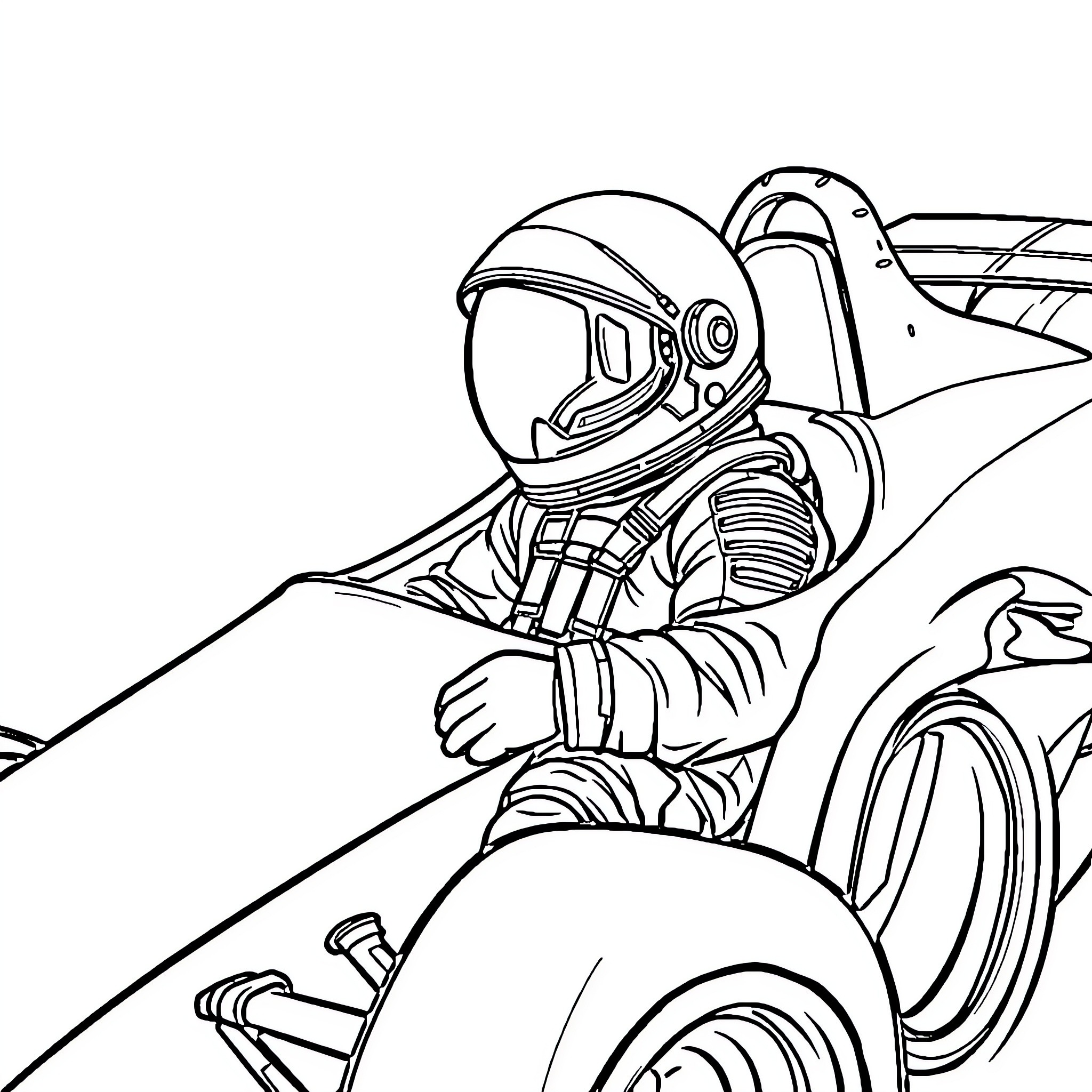 Astronaut operating futuristic vehicle in space Coloring Page (free black-and-white line drawing printable PDF for all, from beginners to advanced learners, including children, teens, adults, and seniors)