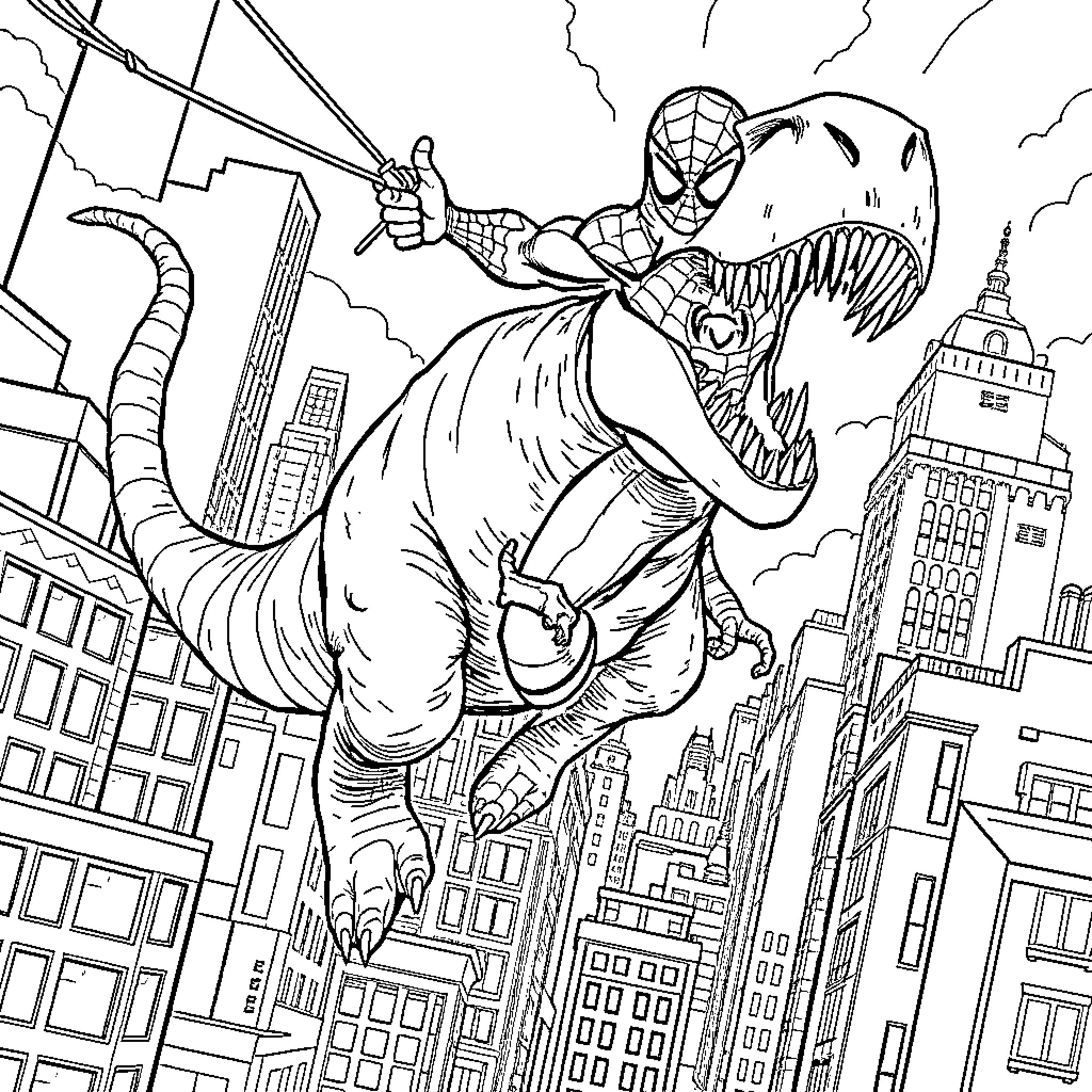 Spiderman battles monstrous foe in city skyline Coloring Page (free black-and-white line drawing printable PDF for all, from beginners to advanced learners, including children, teens, adults, and seniors)