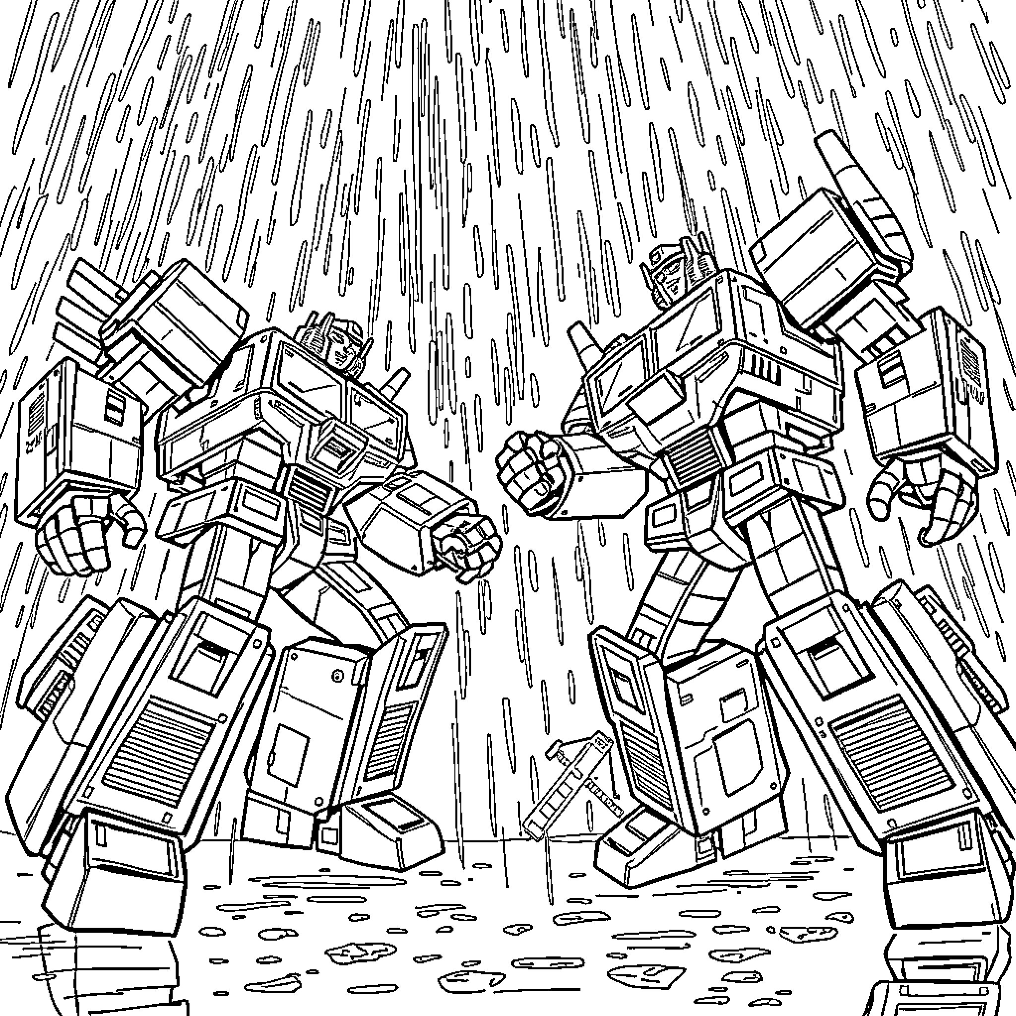 Transformer battle in a futuristic landscape Coloring Page (free black-and-white line drawing printable PDF for all, from beginners to advanced learners, including children, teens, adults, and seniors)