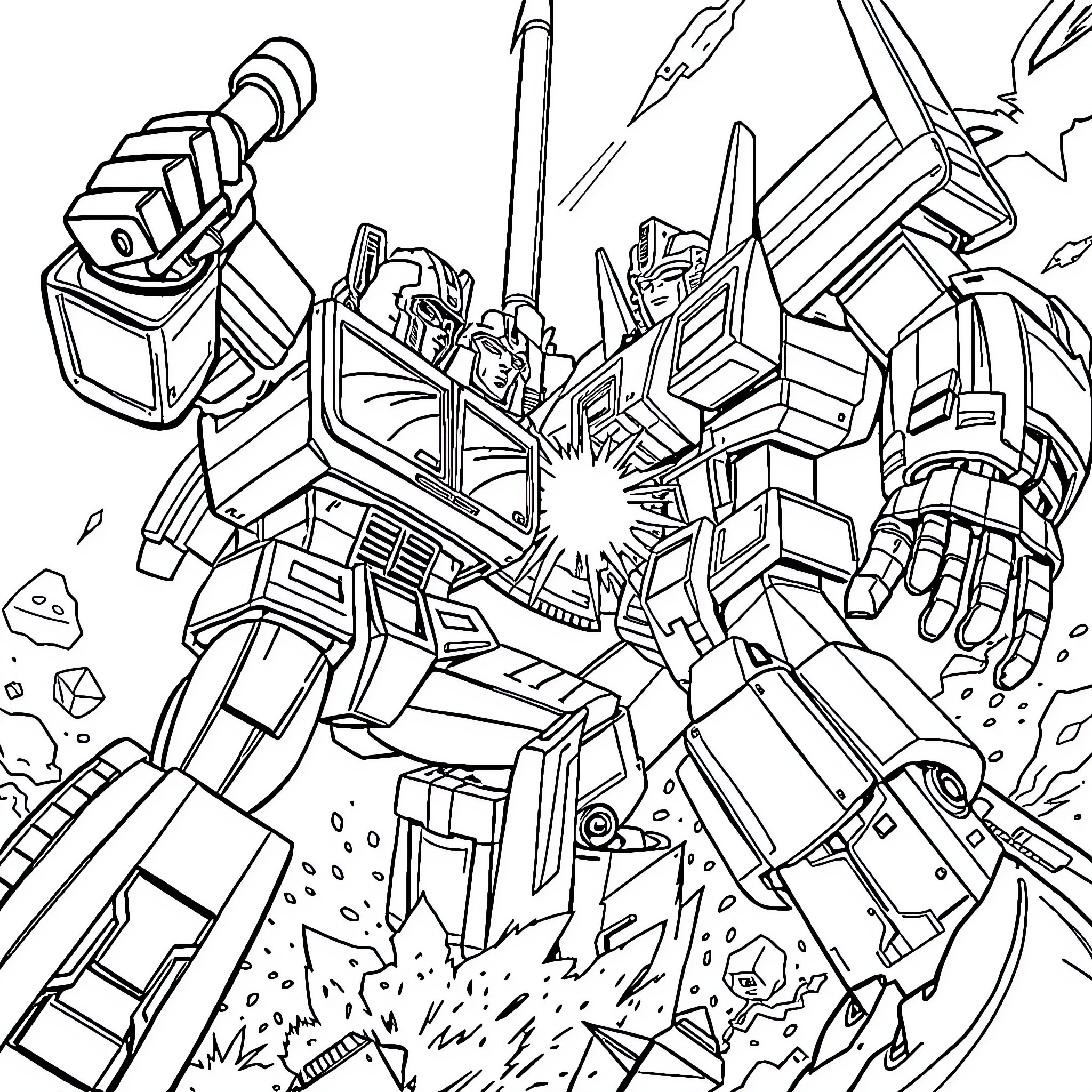 Optimus Prime Transforming into Battle Mode Coloring Page (free black-and-white line drawing printable PDF for all, from beginners to advanced learners, including children, teens, adults, and seniors)