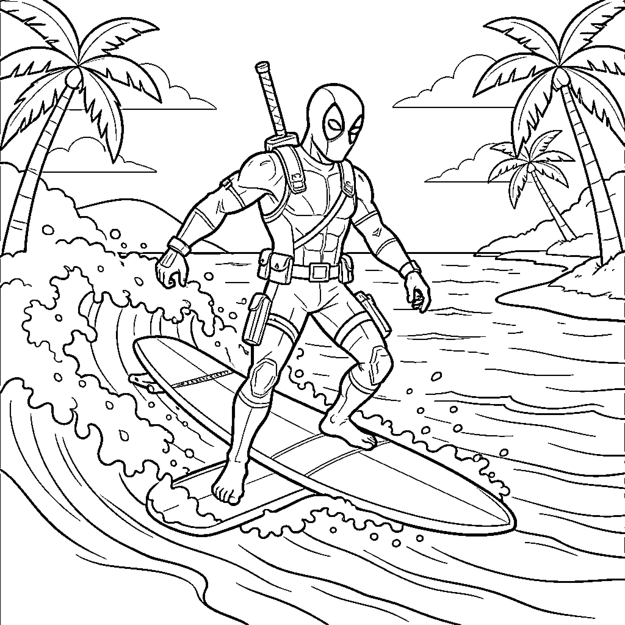 Deadpool surfing on a wave near palm trees Coloring Page (free black-and-white line drawing printable PDF for all, from beginners to advanced learners, including children, teens, adults, and seniors)