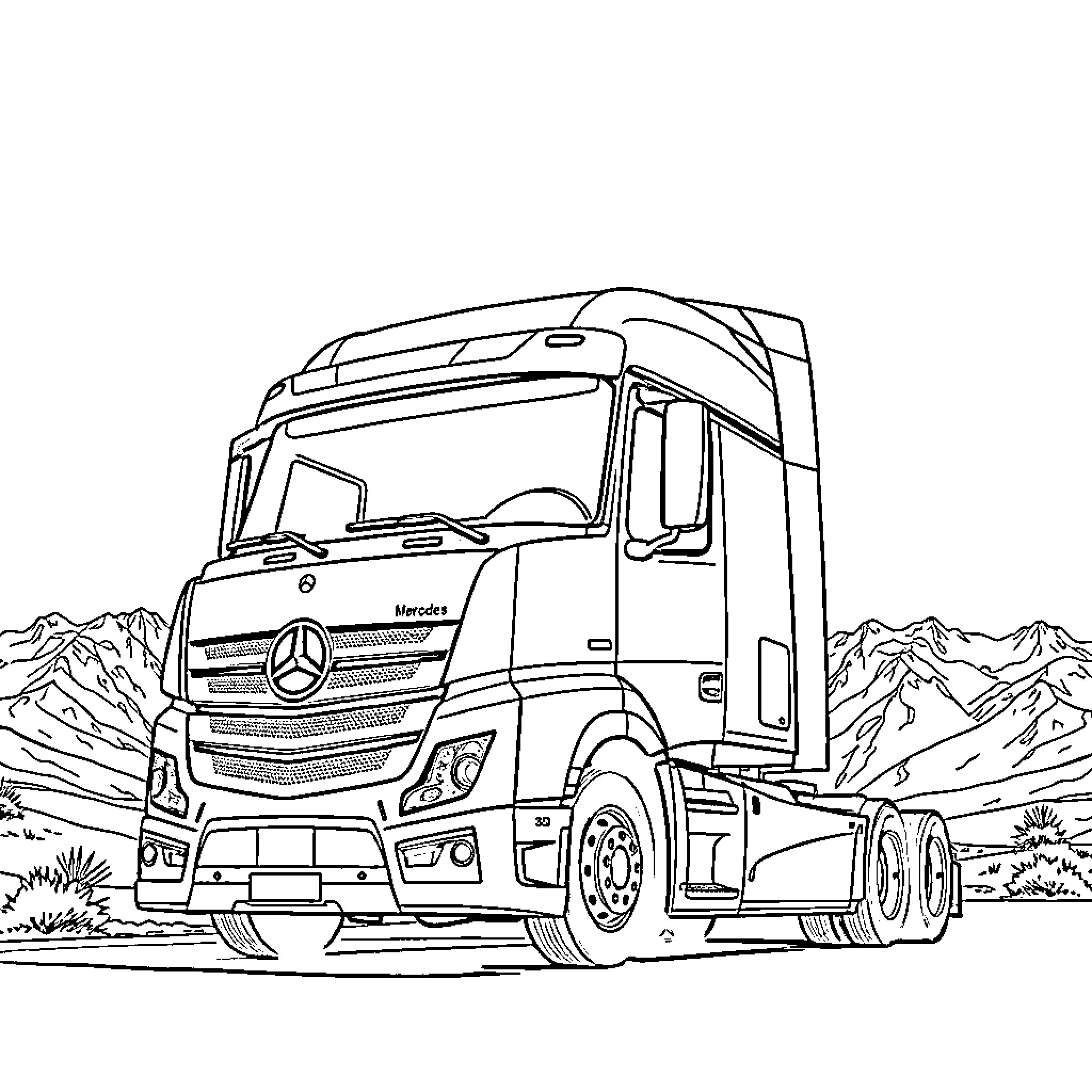 Camion driving on mountain road Coloring Page (free black-and-white line drawing printable PDF for all, from beginners to advanced learners, including children, teens, adults, and seniors)