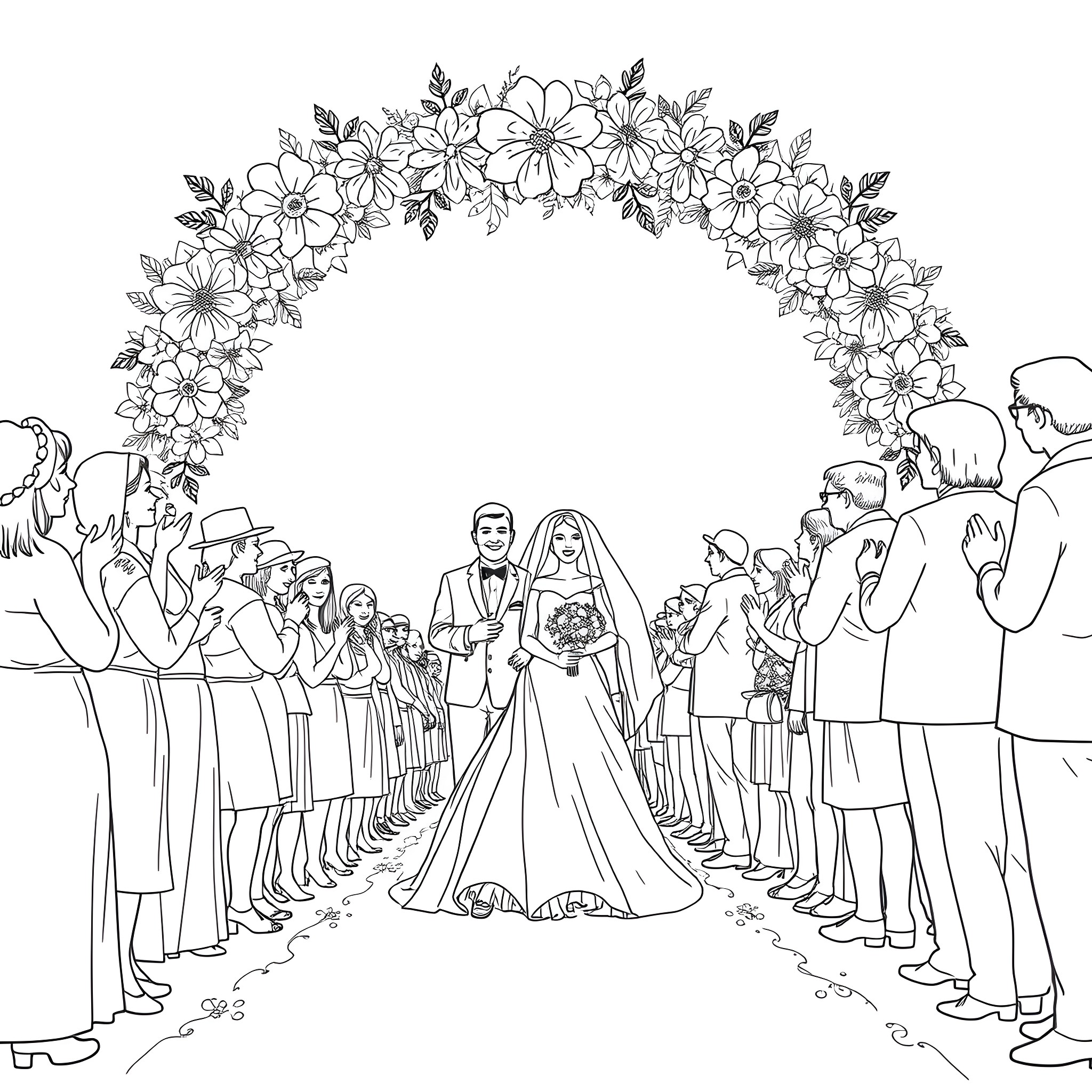 Bride's wedding ceremony with floral arch and guests Coloring Page (free black-and-white line drawing printable PDF for all, from beginners to advanced learners, including children, teens, adults, and seniors)