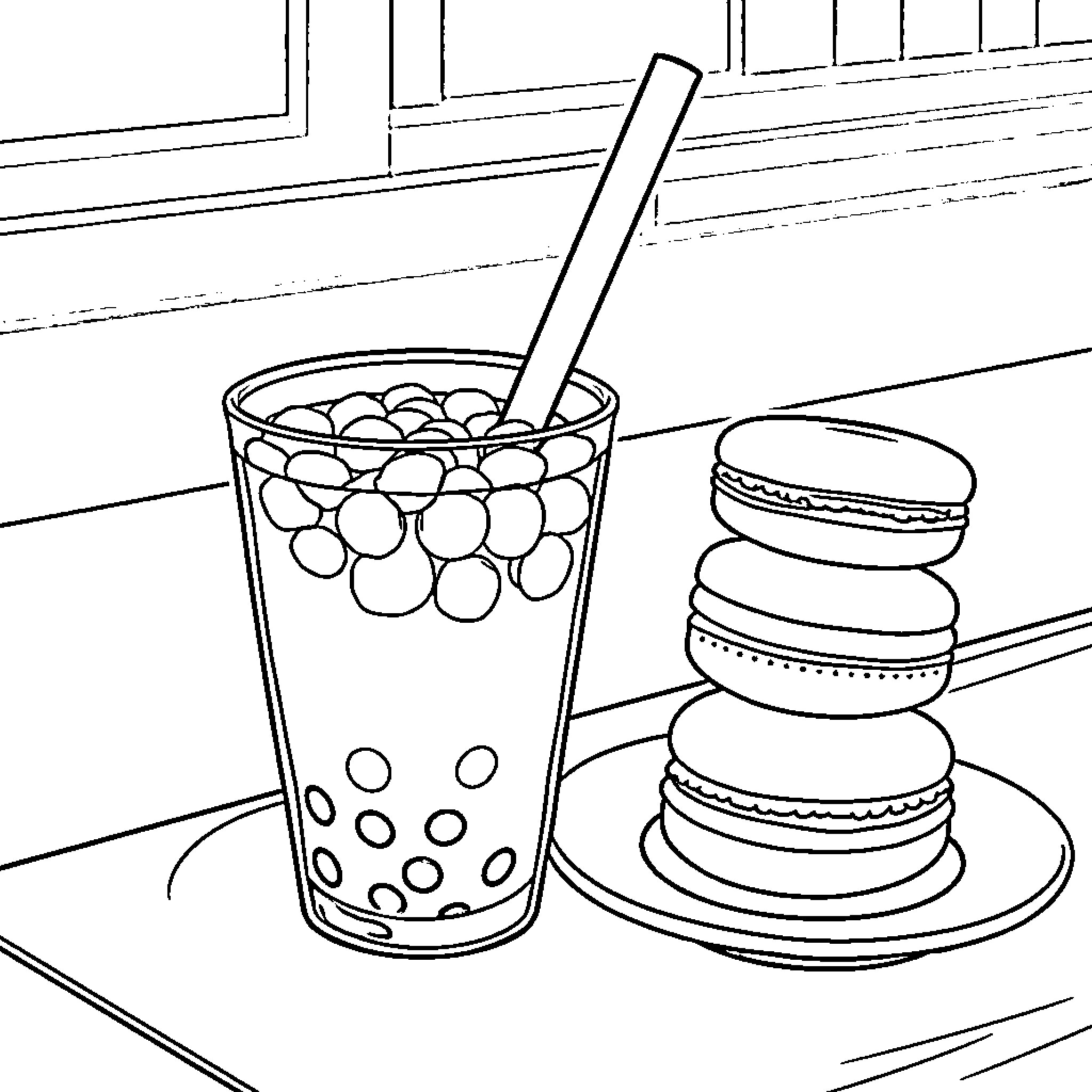 Boba tea and macarons on the table Coloring Page (free black-and-white line drawing printable PDF for all, from beginners to advanced learners, including children, teens, adults, and seniors)