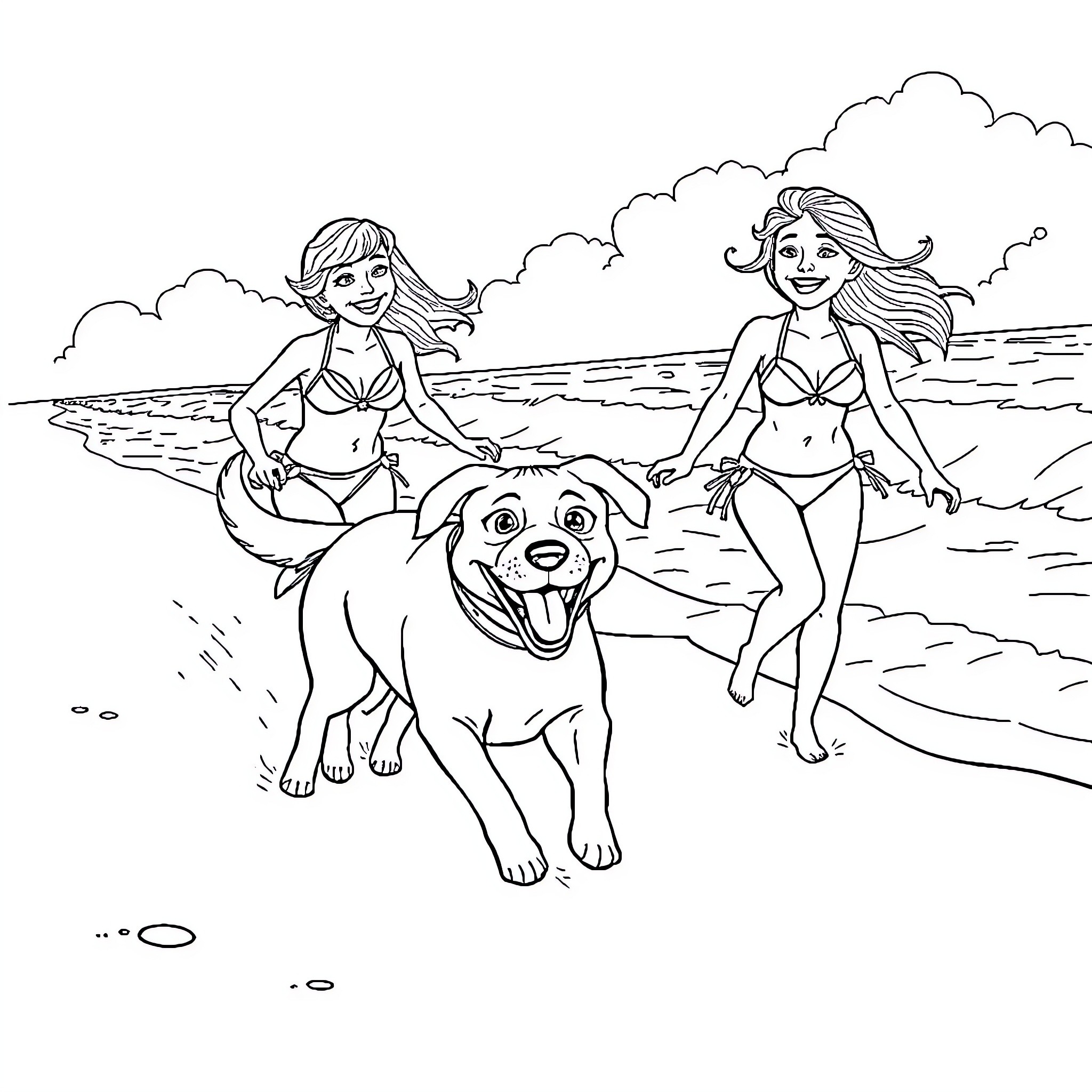 Dog and women playing on the beach Coloring Page (free black-and-white line drawing printable PDF for all, from beginners to advanced learners, including children, teens, adults, and seniors)