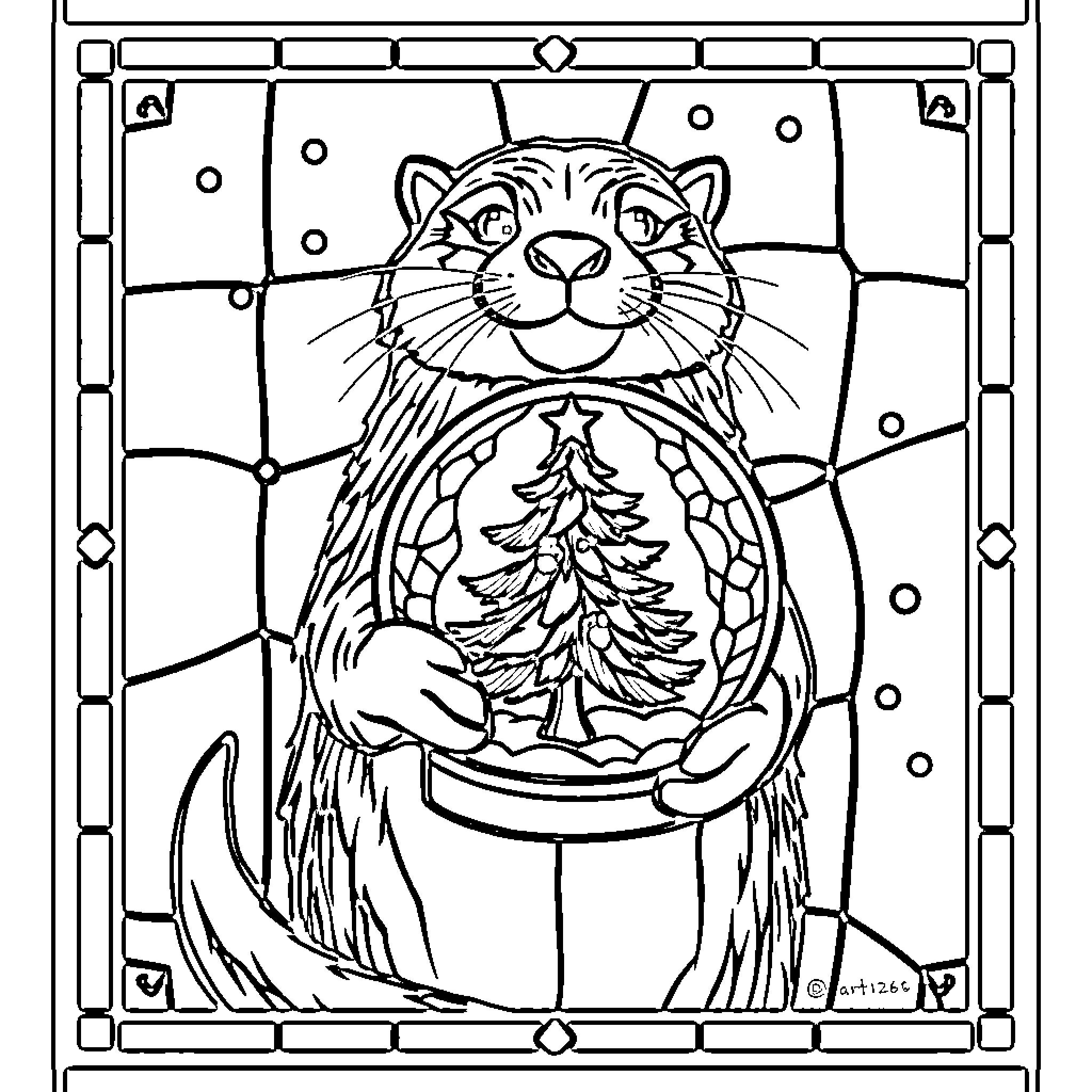 Otter Embracing Winter Wonderland in Stained Glass Coloring Page (free black-and-white line drawing printable PDF for all, from beginners to advanced learners, including children, teens, adults, and seniors)