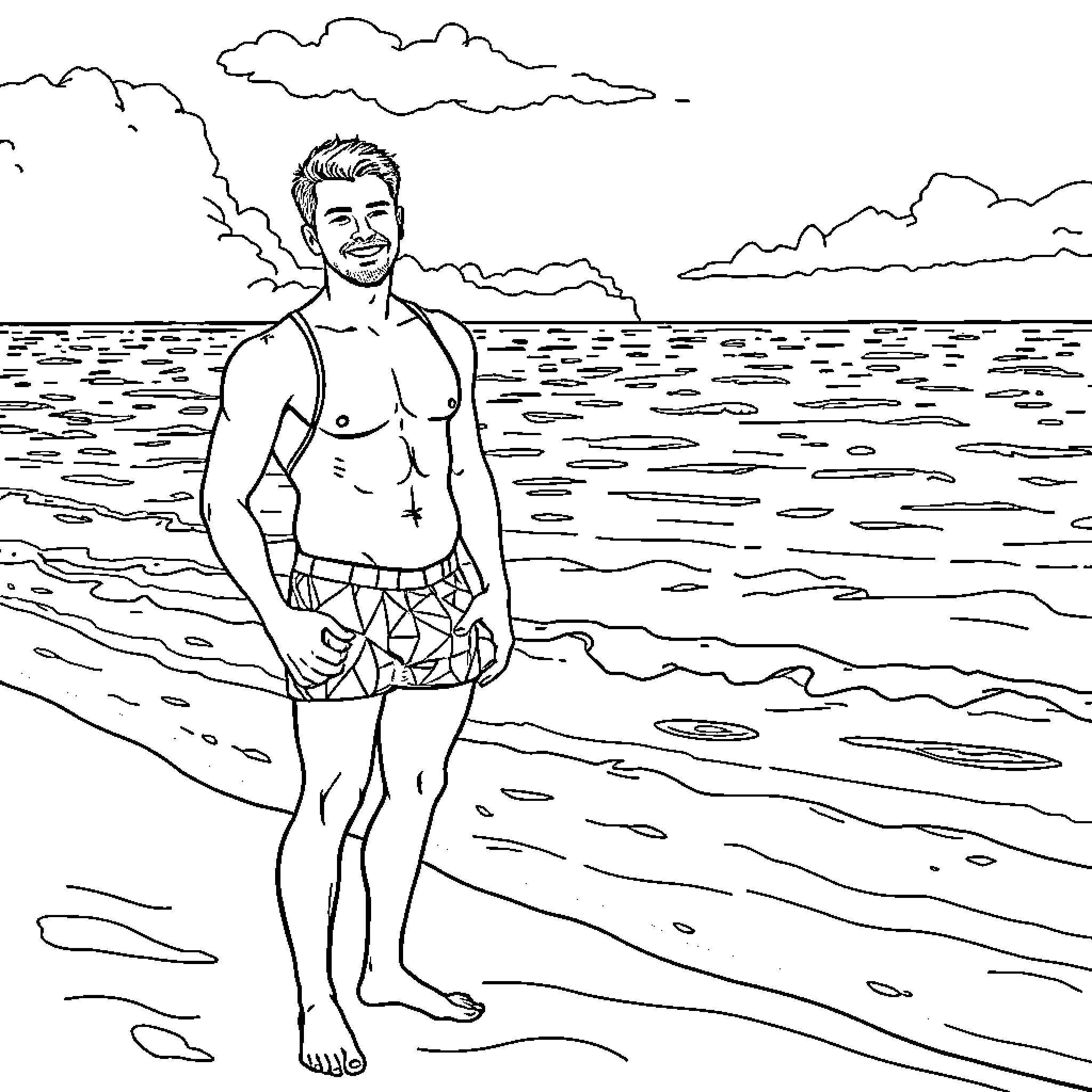 Janez Janša shirtless enjoying the beach Coloring Page (free black-and-white line drawing printable PDF for all, from beginners to advanced learners, including children, teens, adults, and seniors)