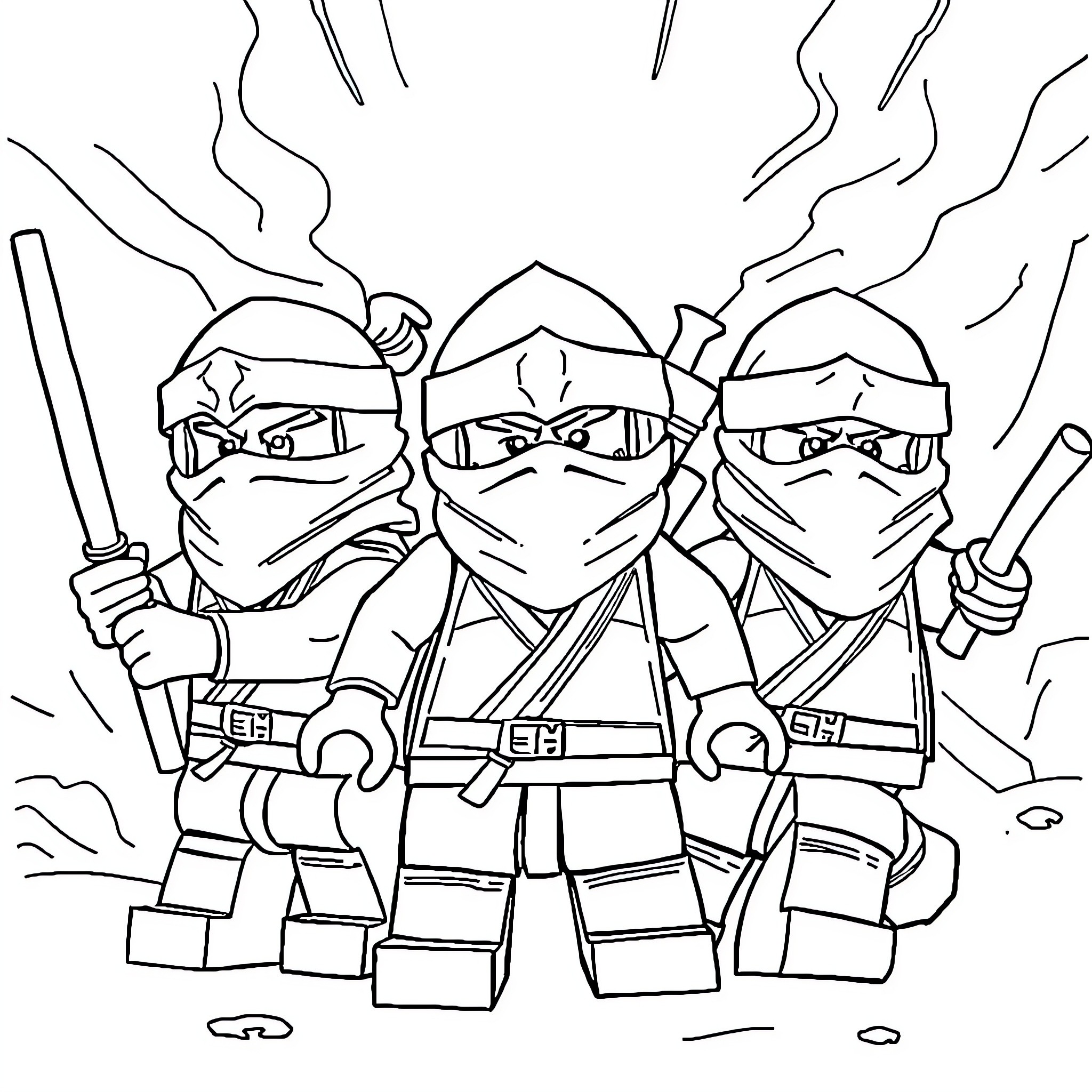 Ninjago Ninjas in Action with Weapons and Masks Coloring Page (free black-and-white line drawing printable PDF for all, from beginners to advanced learners, including children, teens, adults, and seniors)