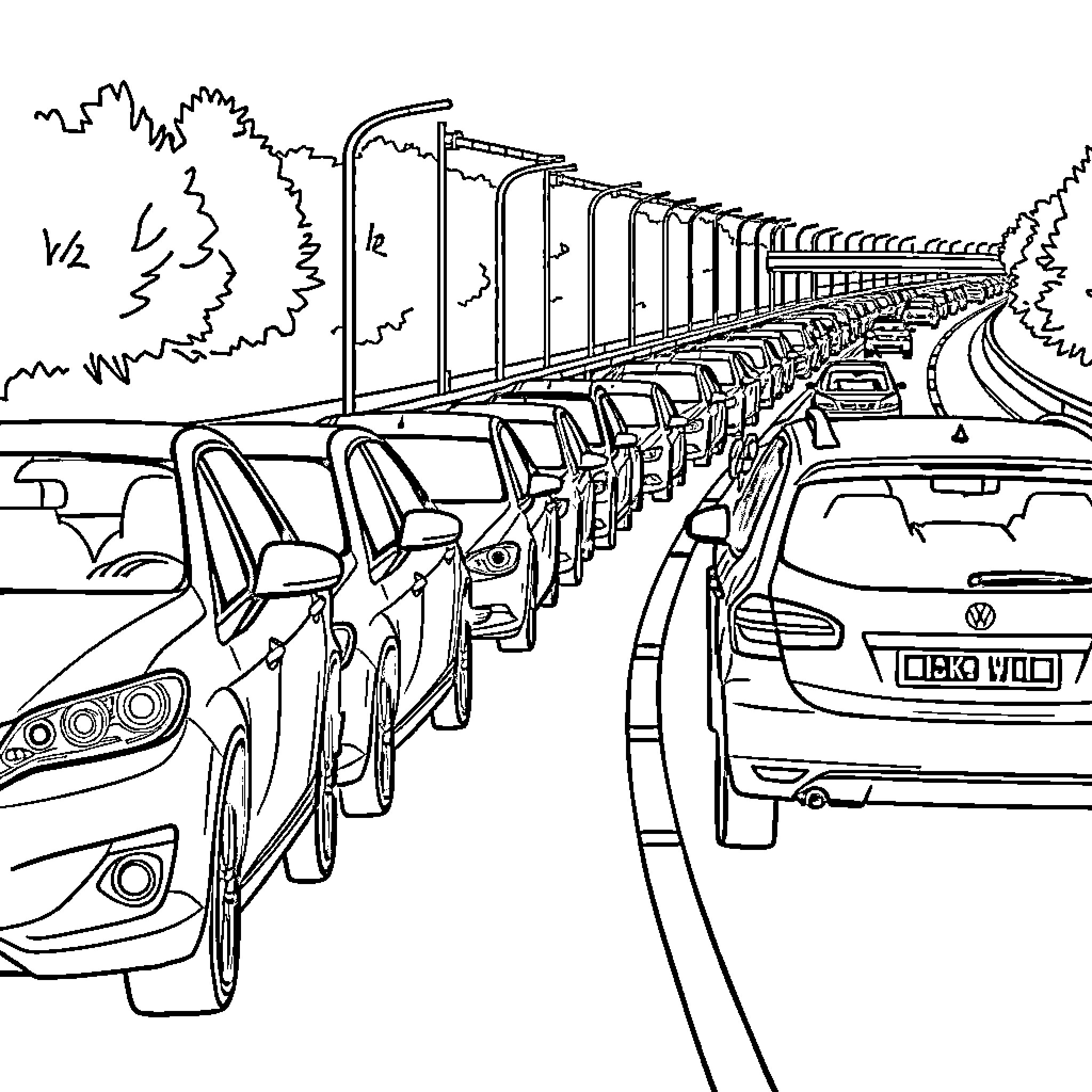 Car traffic jam on the highway Coloring Page (free black-and-white line drawing printable PDF for all, from beginners to advanced learners, including children, teens, adults, and seniors)