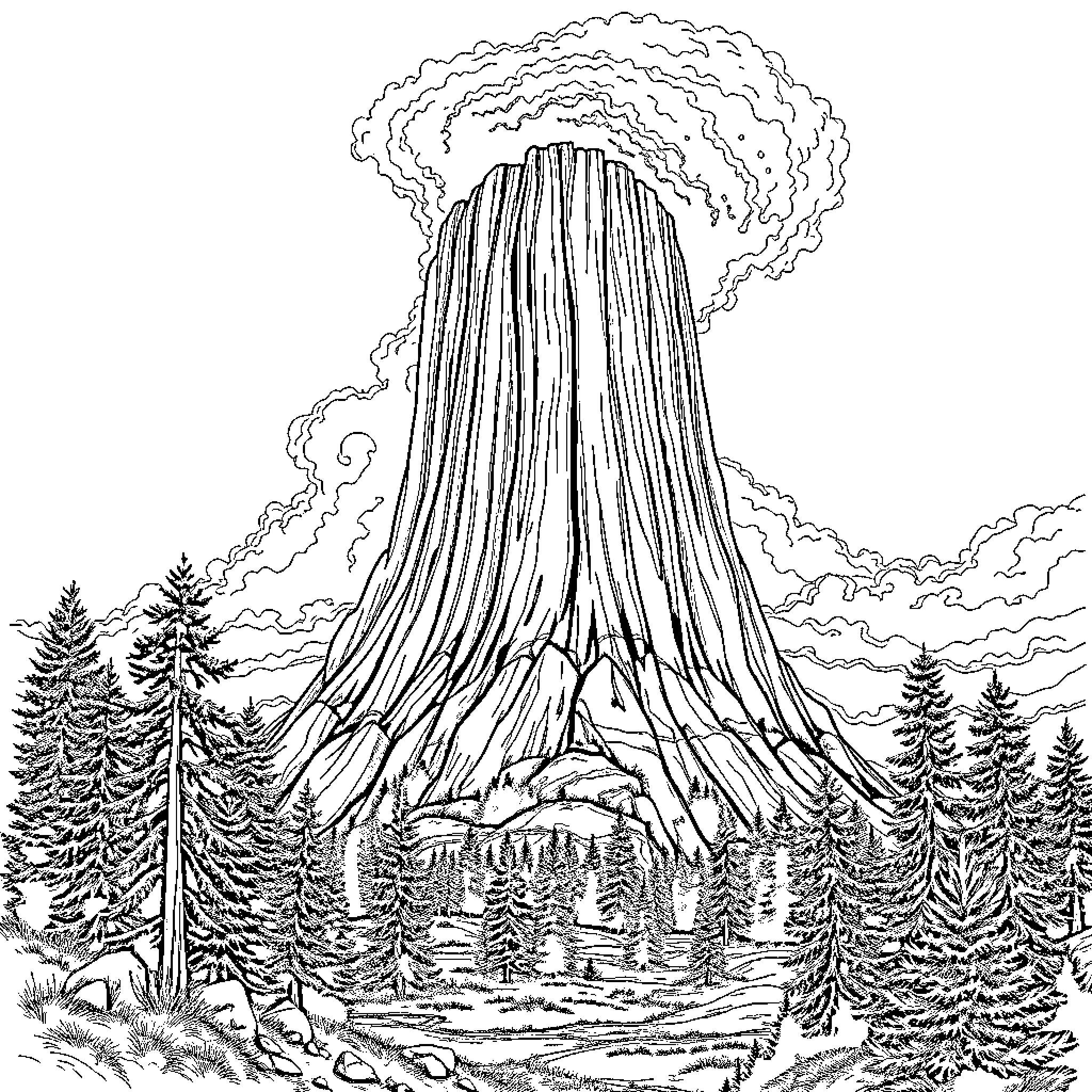 Tree-like structure rising amidst a forested landscape Coloring Page (free black-and-white line drawing printable PDF for all, from beginners to advanced learners, including children, teens, adults, and seniors)