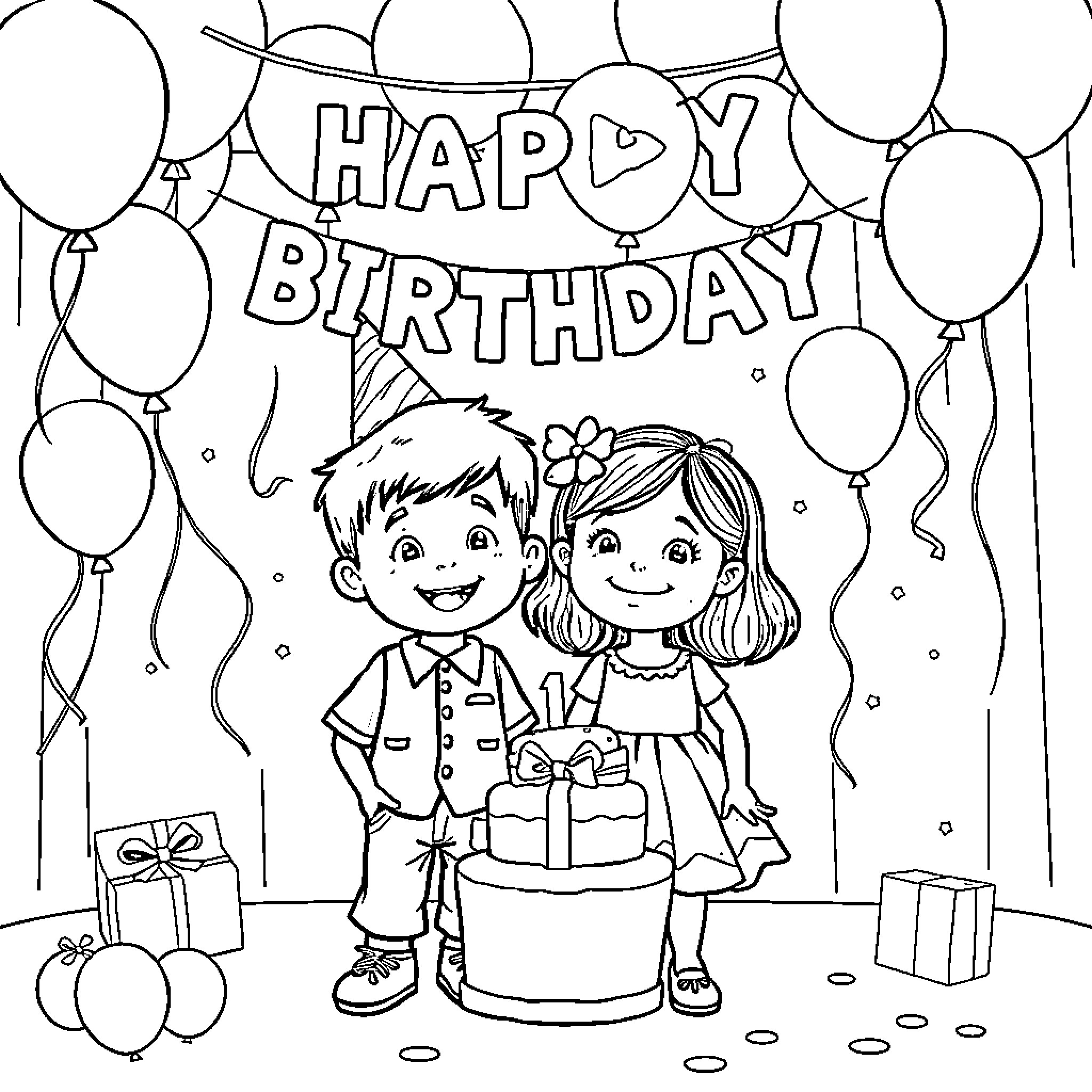 Twin Celebrating Happy Birthday with Balloons Coloring Page (free black-and-white line drawing printable PDF for all, from beginners to advanced learners, including children, teens, adults, and seniors)