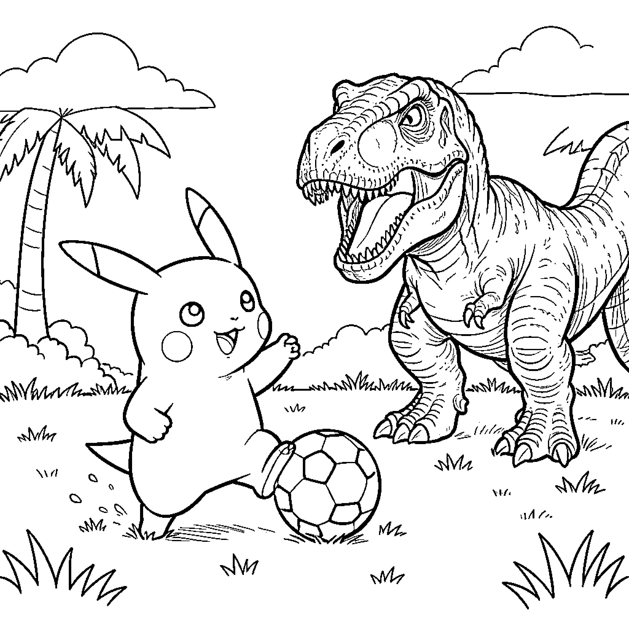 Pikachu playing soccer while facing a large dinosaur Coloring Page (free black-and-white line drawing printable PDF for all, from beginners to advanced learners, including children, teens, adults, and seniors)