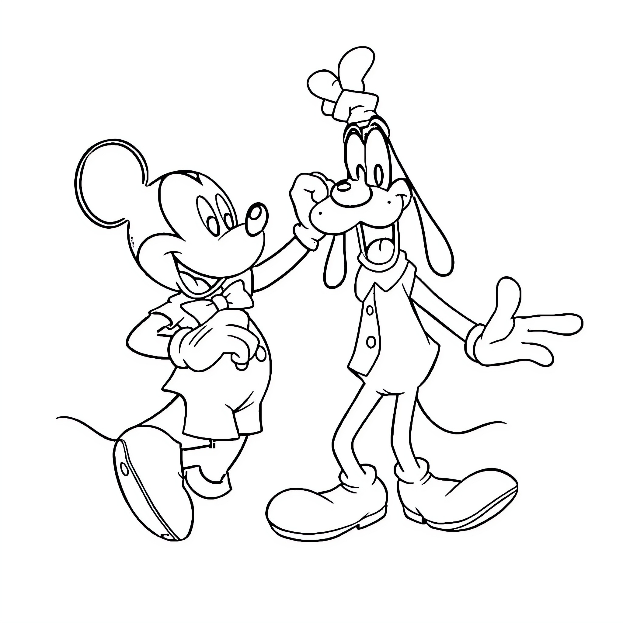 Mickey Mouse and Goofy in a Playful Interaction Coloring Page (free black-and-white line drawing printable PDF for all, from beginners to advanced learners, including children, teens, adults, and seniors)