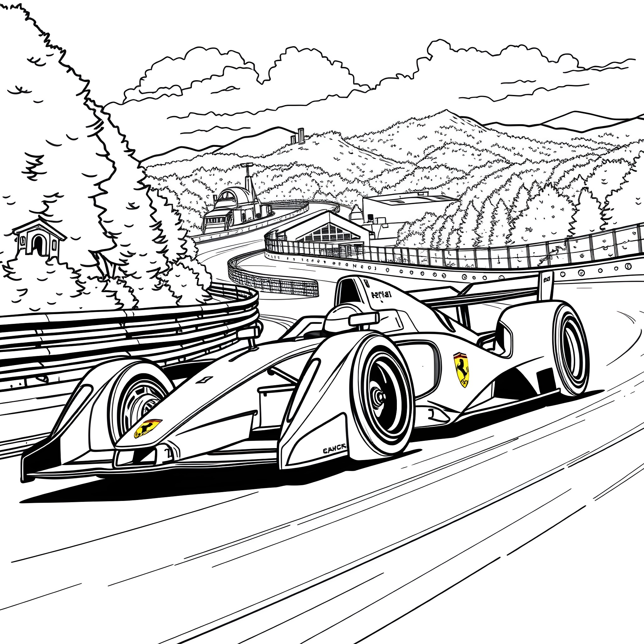 Ferrari Formula 1 car racing on mountain road Coloring Page (free black-and-white line drawing printable PDF for all, from beginners to advanced learners, including children, teens, adults, and seniors)