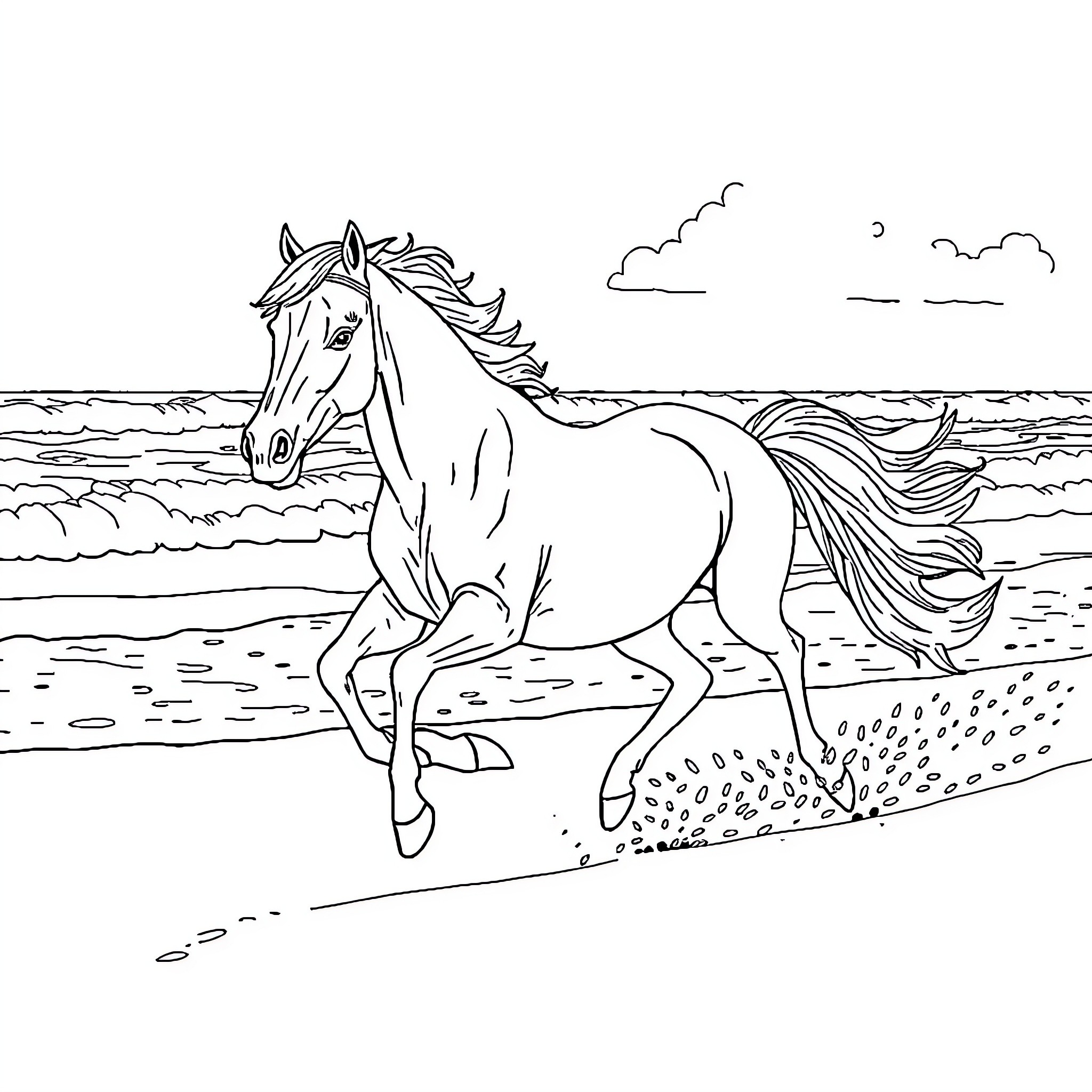 Caballo running freely on the beach Coloring Page (free black-and-white line drawing printable PDF for all, from beginners to advanced learners, including children, teens, adults, and seniors)
