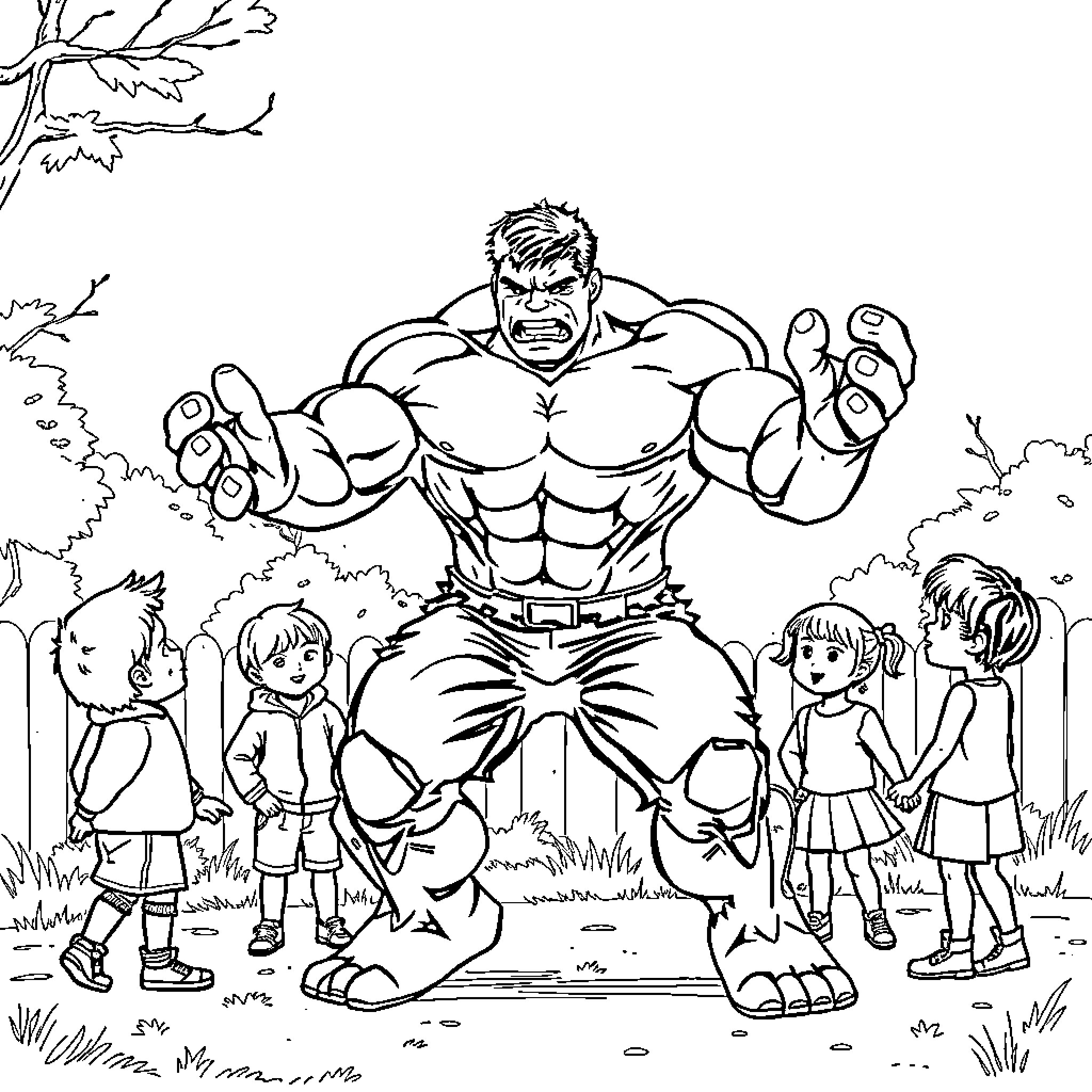 Hulk Surrounded by Amazed Children in the Wilderness Coloring Page (free black-and-white line drawing printable PDF for all, from beginners to advanced learners, including children, teens, adults, and seniors)
