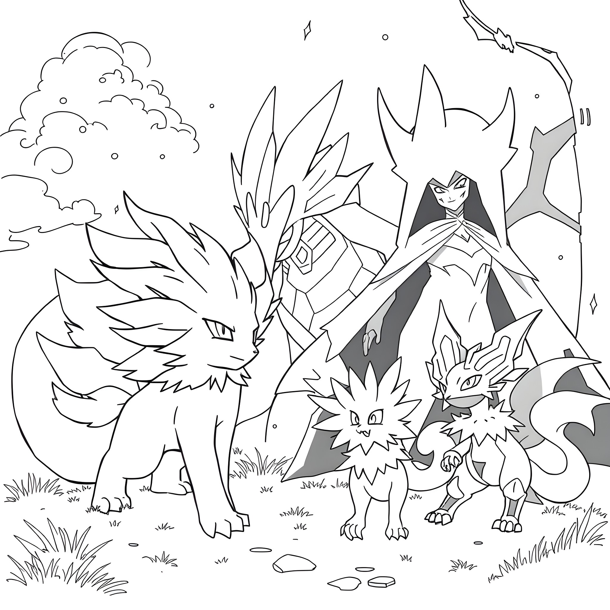 Pokémon characters in a fantastical outdoor scene Coloring Page (free black-and-white line drawing printable PDF for all, from beginners to advanced learners, including children, teens, adults, and seniors)