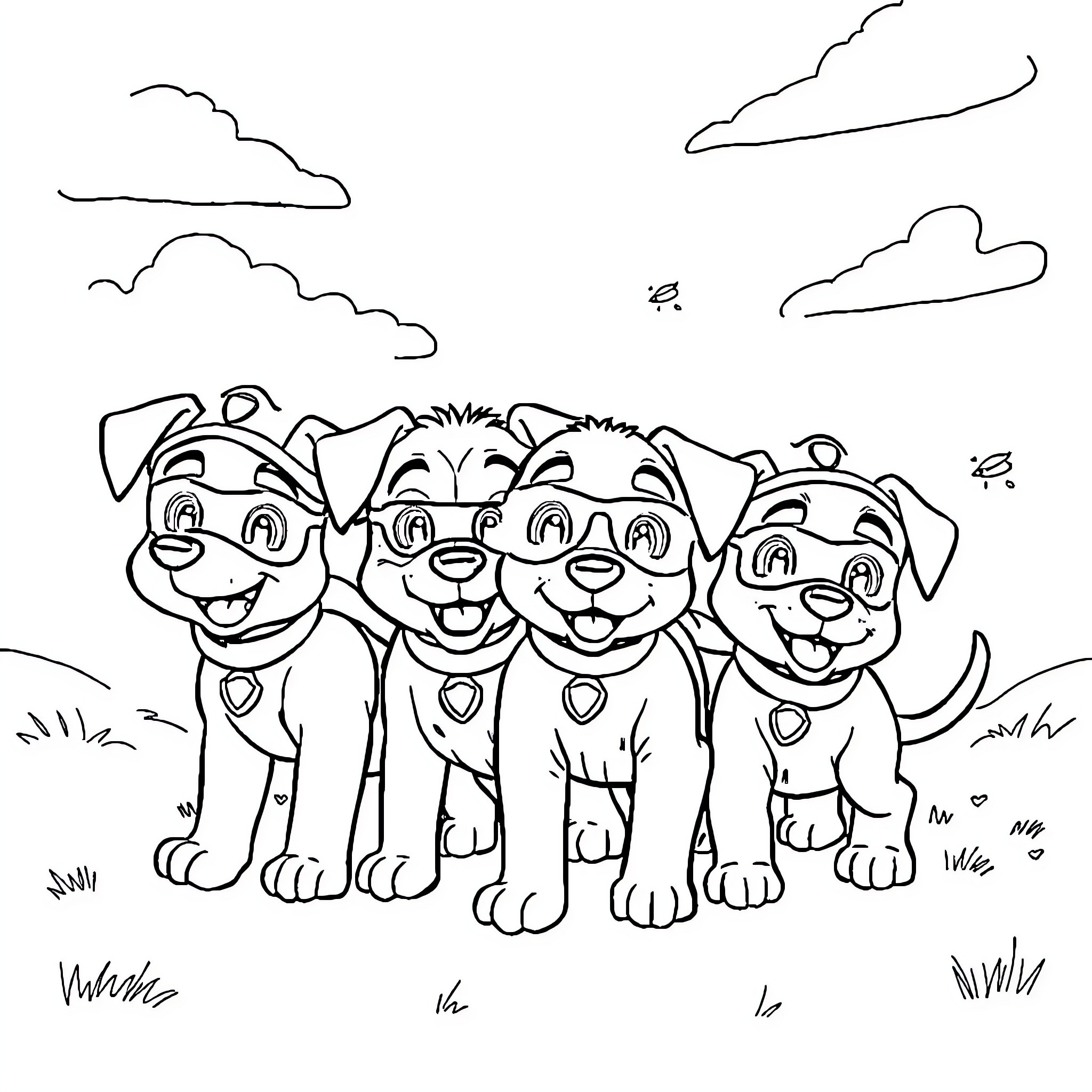 Paw Patrol puppies on an adventure Coloring Page (free black-and-white line drawing printable PDF for all, from beginners to advanced learners, including children, teens, adults, and seniors)