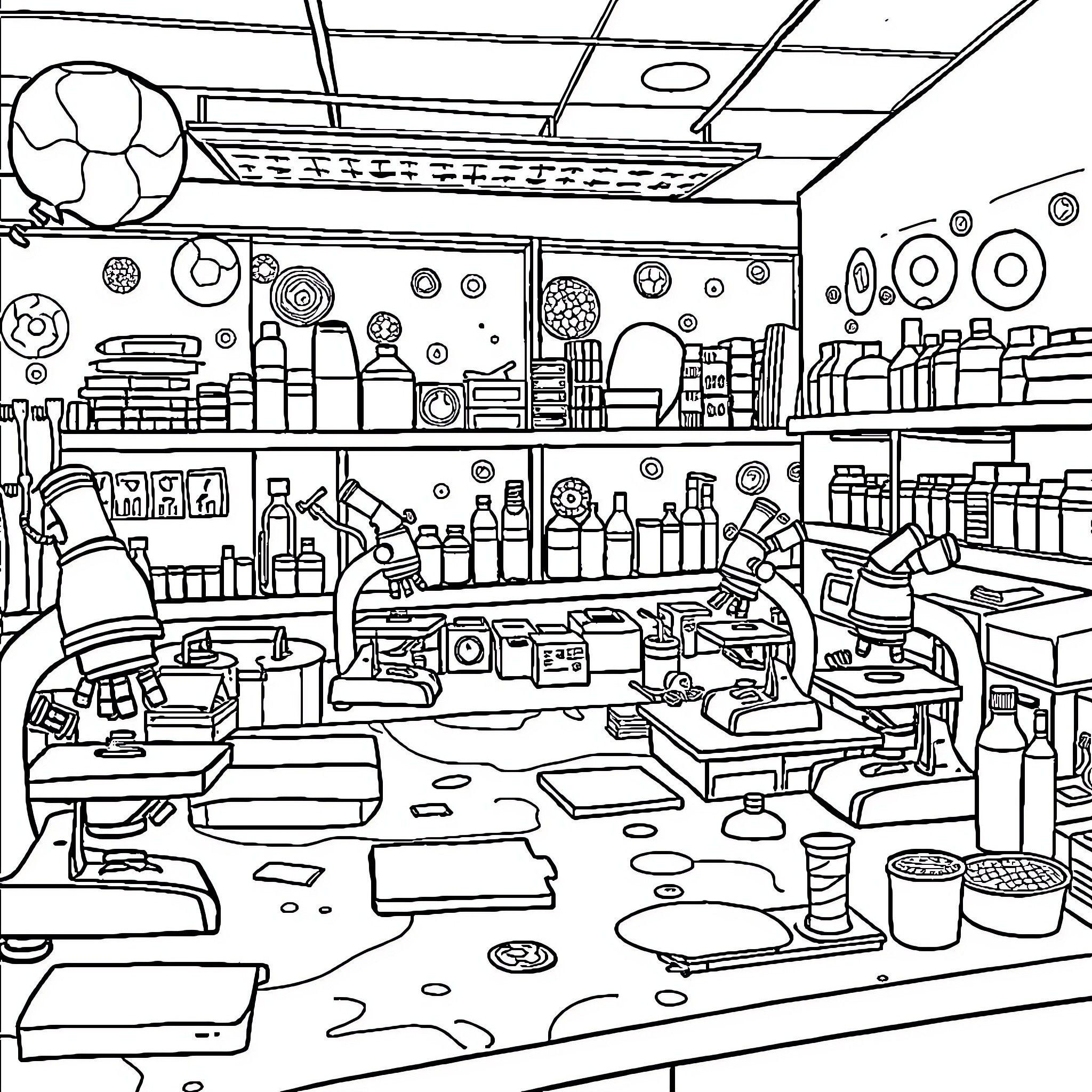 Histology lab filled with scientific equipment and tools Coloring Page (free black-and-white line drawing printable PDF for all, from beginners to advanced learners, including children, teens, adults, and seniors)
