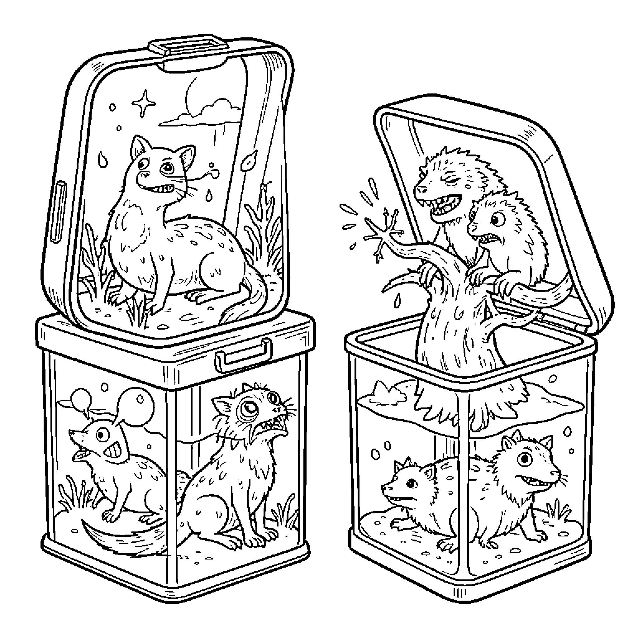 Creature characters interacting inside small glass containers Coloring Page (free black-and-white line drawing printable PDF for all, from beginners to advanced learners, including children, teens, adults, and seniors)