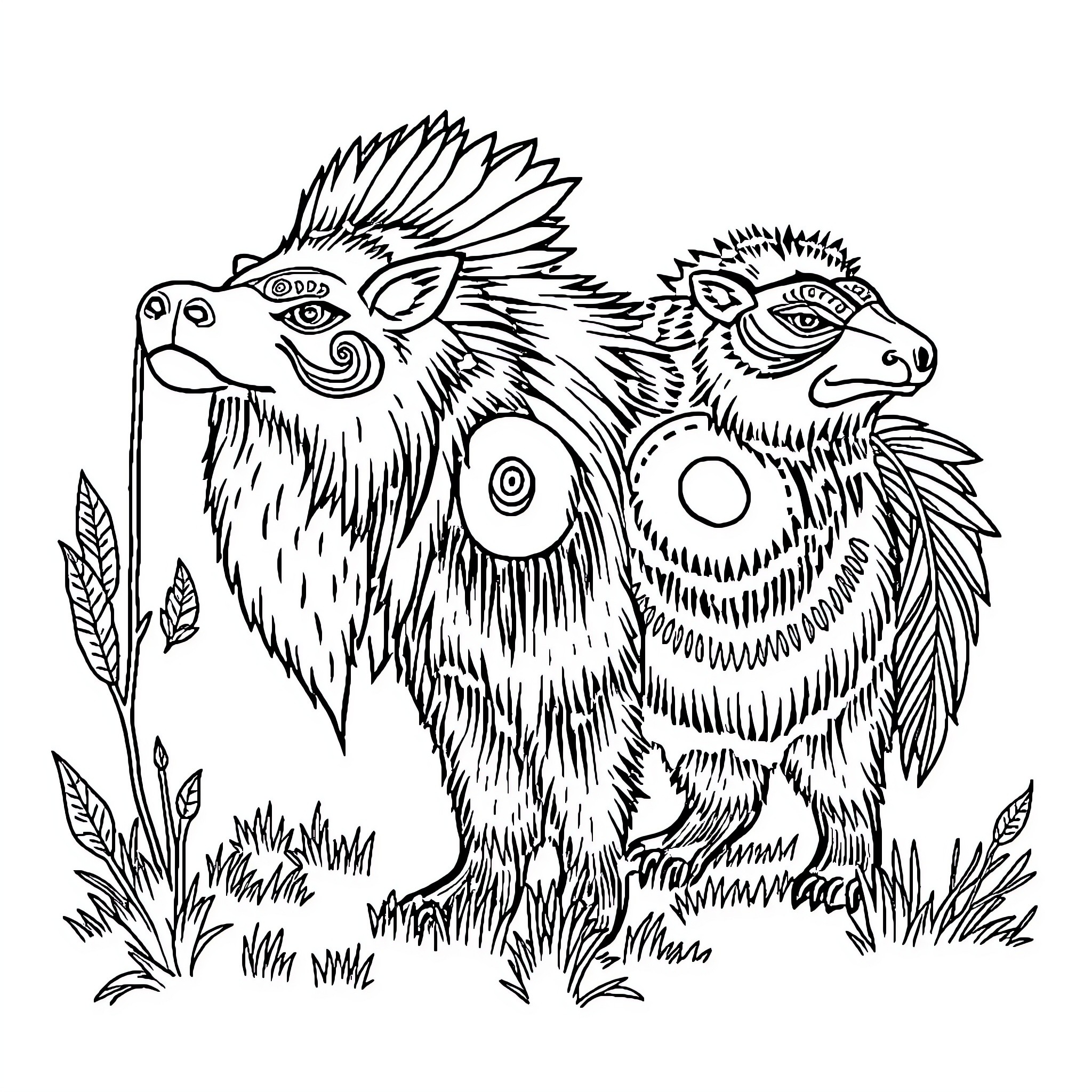 Animal Creatures Depicted in Ornate Illustration Coloring Page (free black-and-white line drawing printable PDF for all, from beginners to advanced learners, including children, teens, adults, and seniors)