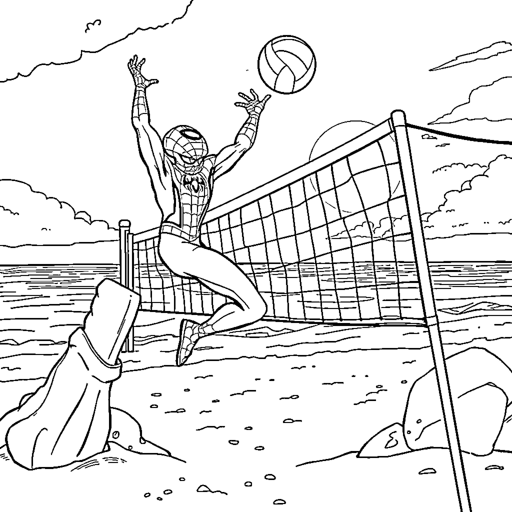 Spider-Man playing volleyball on the beach Coloring Page (free black-and-white line drawing printable PDF for all, from beginners to advanced learners, including children, teens, adults, and seniors)