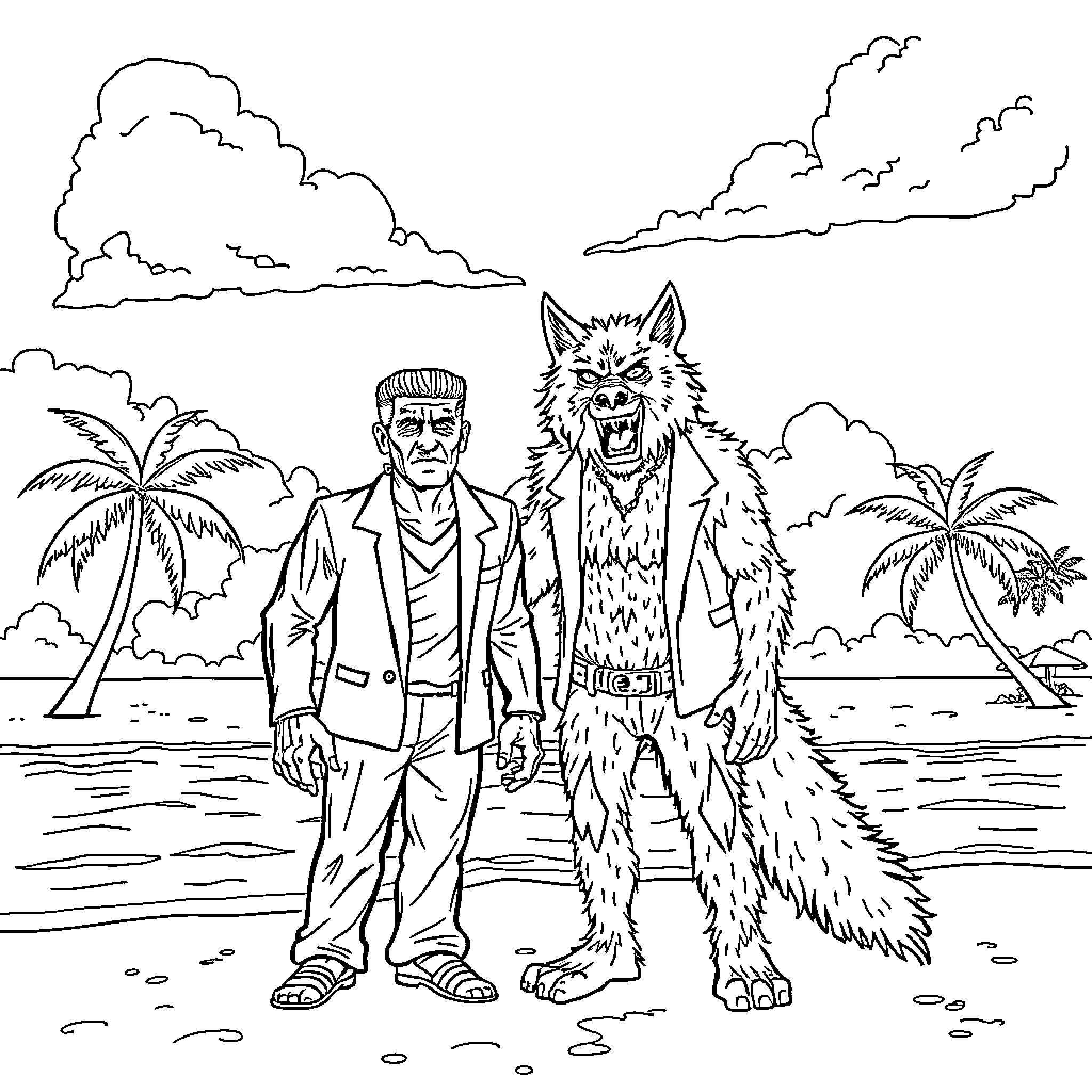 Frankenstein's monster and wolf-like creature on tropical beach Coloring Page (free black-and-white line drawing printable PDF for all, from beginners to advanced learners, including children, teens, adults, and seniors)