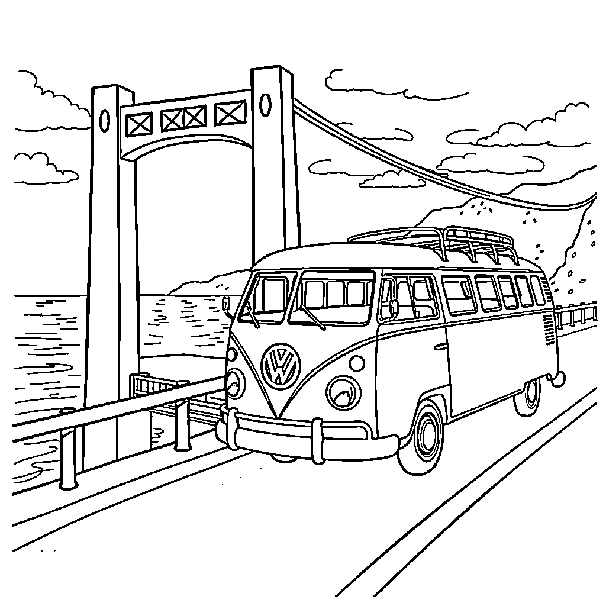 Volkswagen Bus crossing scenic bridge Coloring Page (free black-and-white line drawing printable PDF for all, from beginners to advanced learners, including children, teens, adults, and seniors)