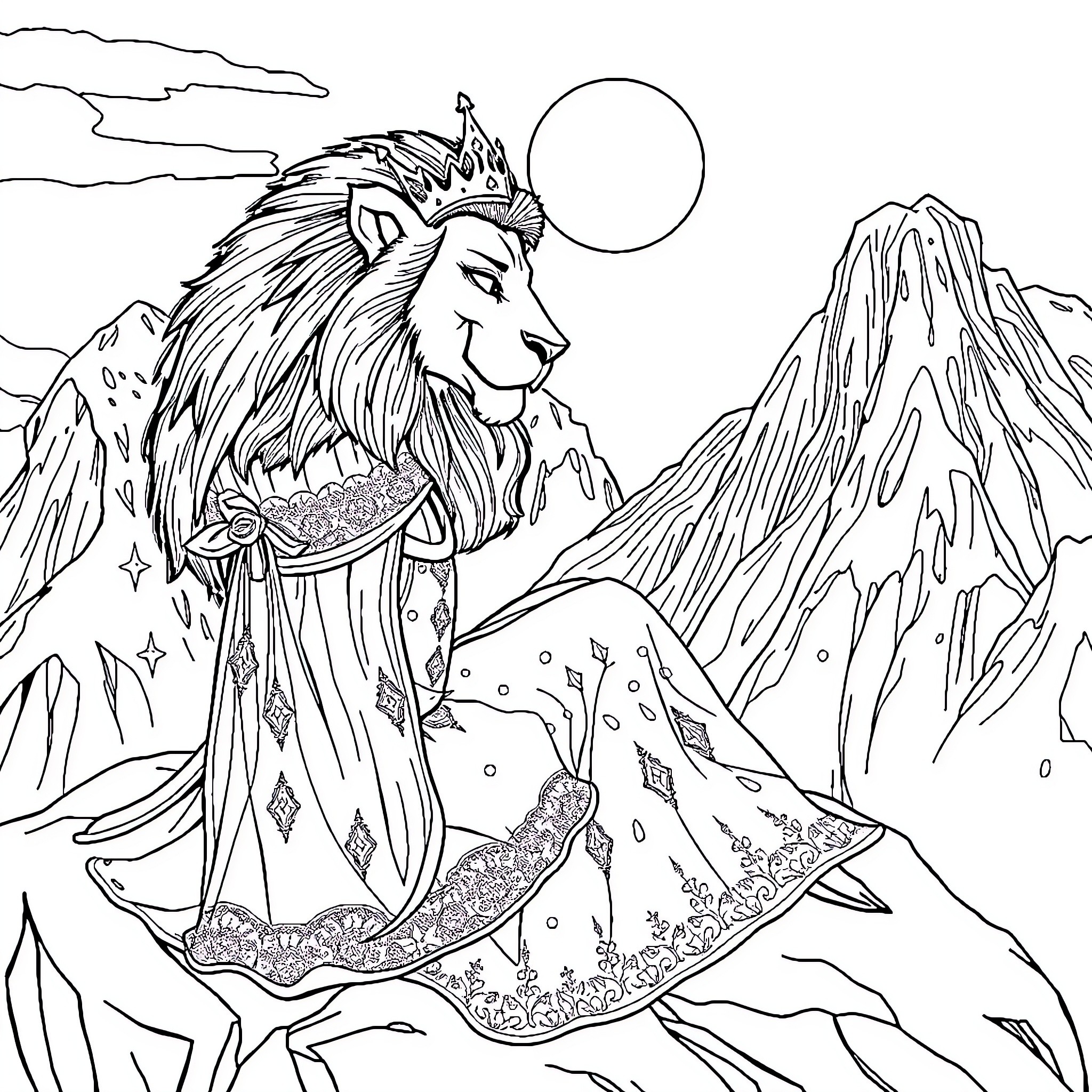 Queen Lioness Regal in the Majestic Mountains Coloring Page (free black-and-white line drawing printable PDF for all, from beginners to advanced learners, including children, teens, adults, and seniors)