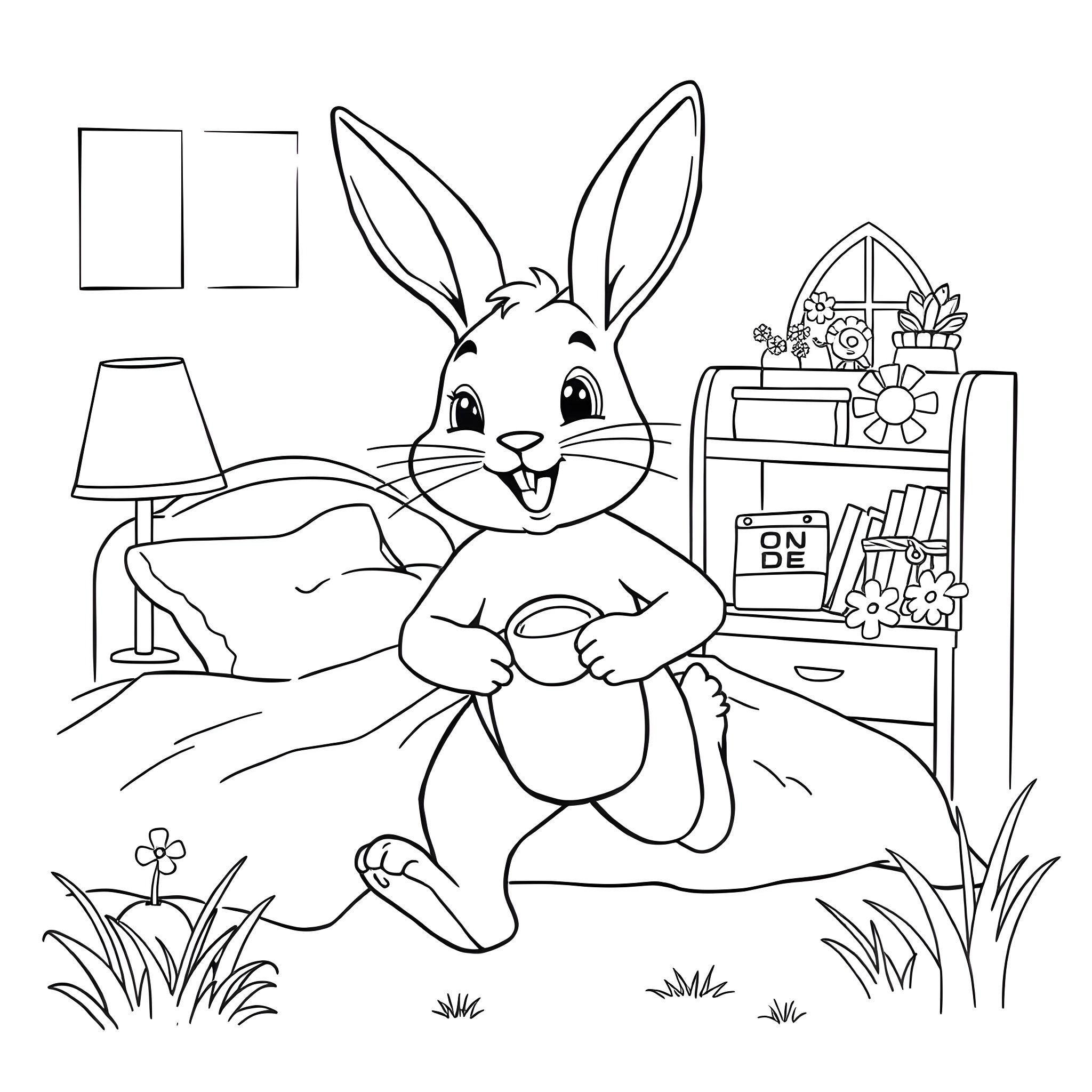 Bing Bunny playing in the cozy room Coloring Page (free black-and-white line drawing printable PDF for all, from beginners to advanced learners, including children, teens, adults, and seniors)