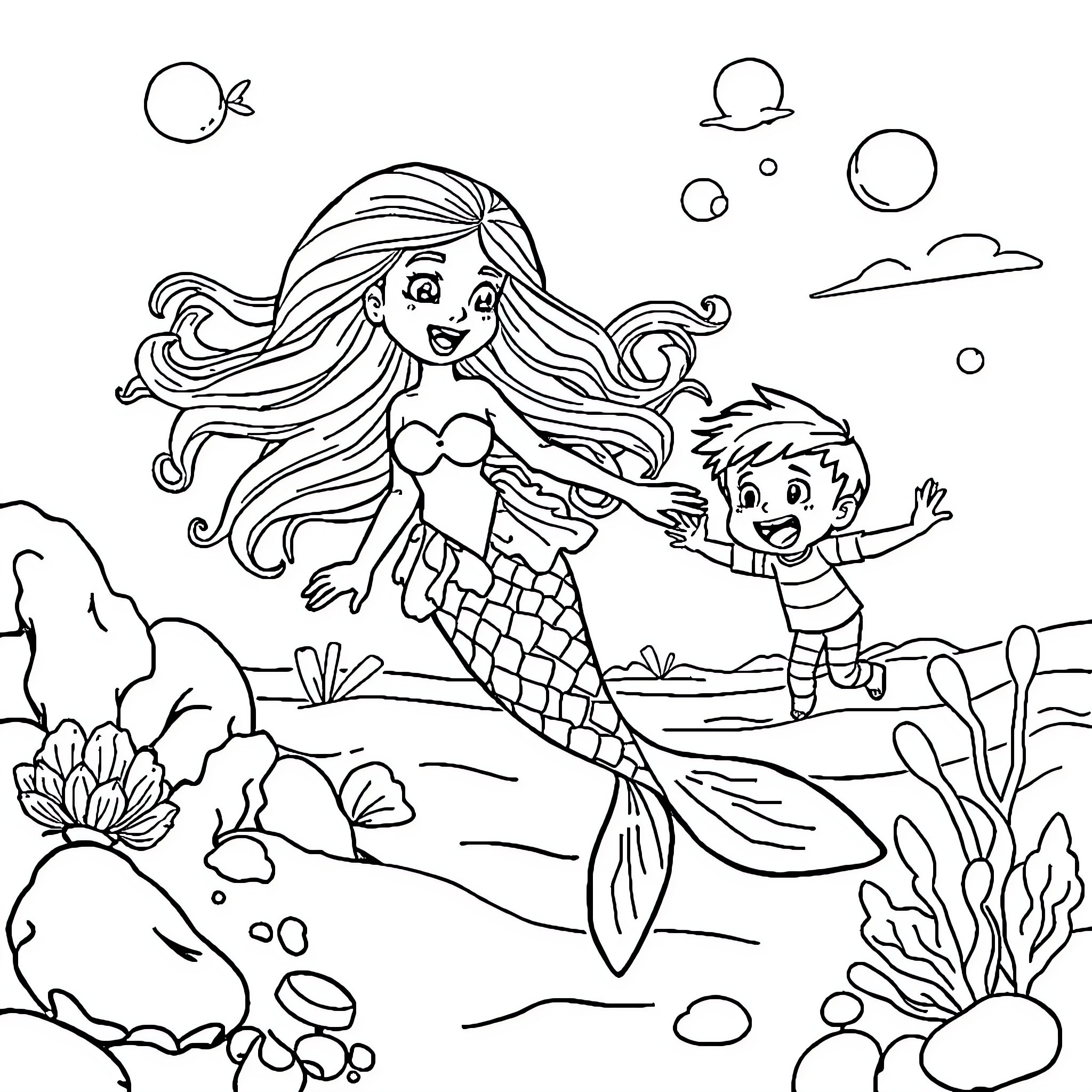 Mermaid swimming with a young boy in the ocean Coloring Page (free black-and-white line drawing printable PDF for all, from beginners to advanced learners, including children, teens, adults, and seniors)