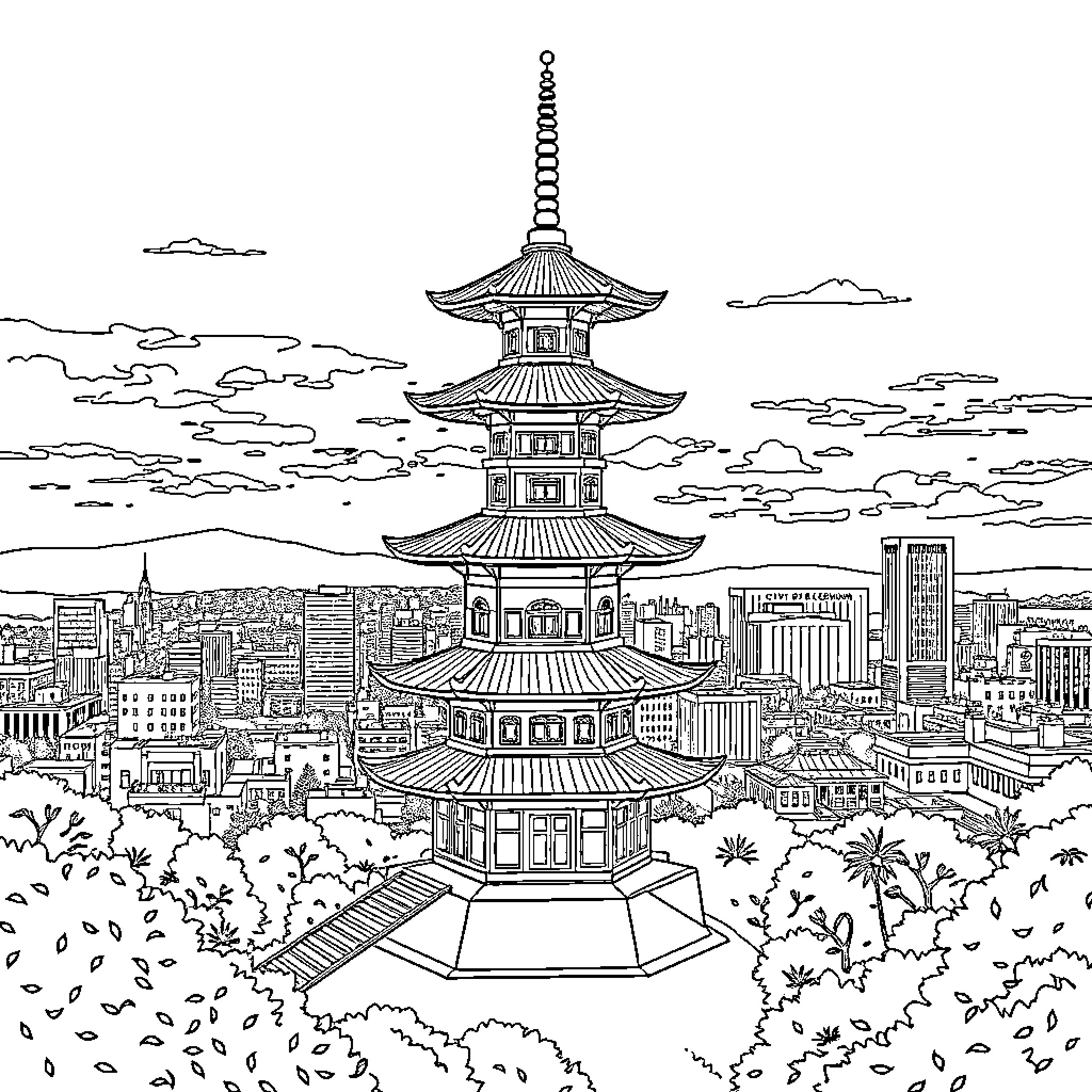 Pagoda overlooking the cityscape with trees and clouds Coloring Page (free black-and-white line drawing printable PDF for all, from beginners to advanced learners, including children, teens, adults, and seniors)