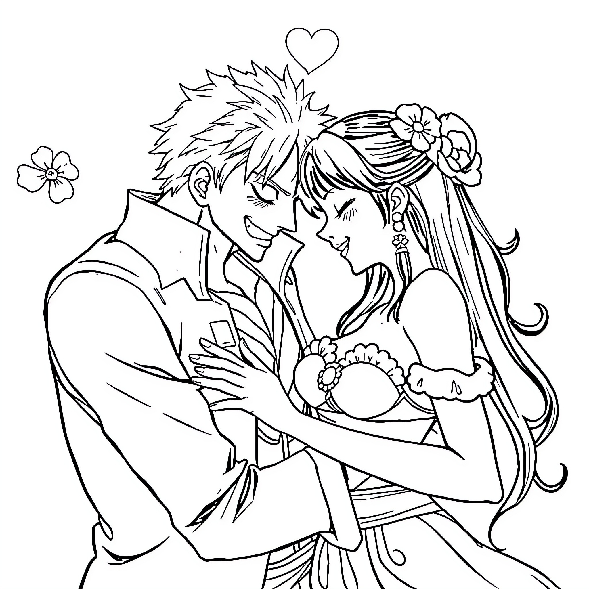 One Piece: Passionate Embrace of Anime Lovers Coloring Page (free black-and-white line drawing printable PDF for all, from beginners to advanced learners, including children, teens, adults, and seniors)
