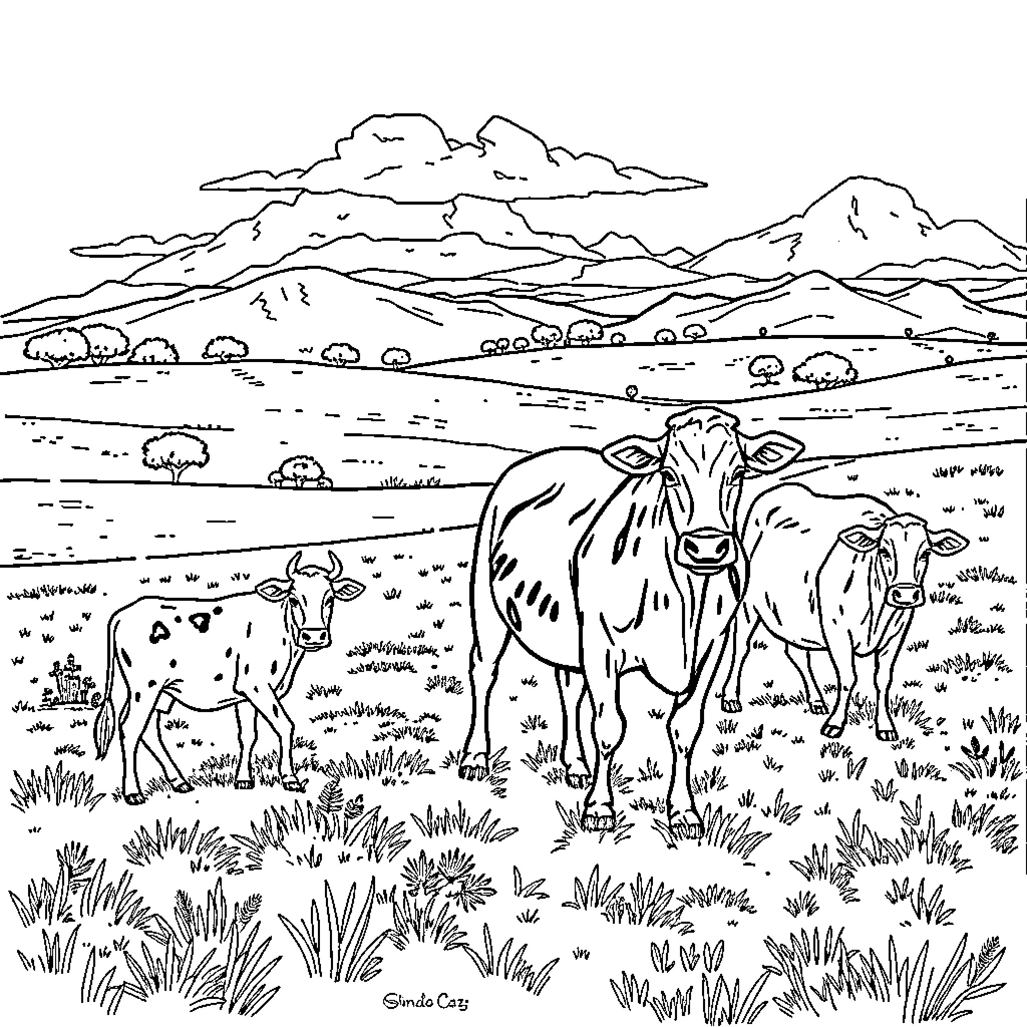 Ranch scene with cows grazing in a pastoral landscape Coloring Page (free black-and-white line drawing printable PDF for all, from beginners to advanced learners, including children, teens, adults, and seniors)