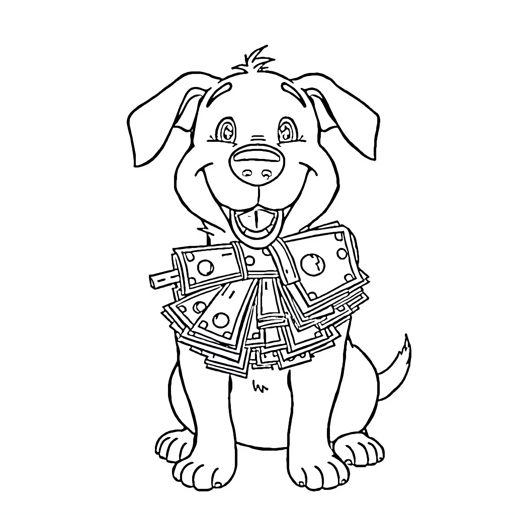 Dog happily holding money bills Coloring Page (free black-and-white line drawing printable PDF for all, from beginners to advanced learners, including children, teens, adults, and seniors)