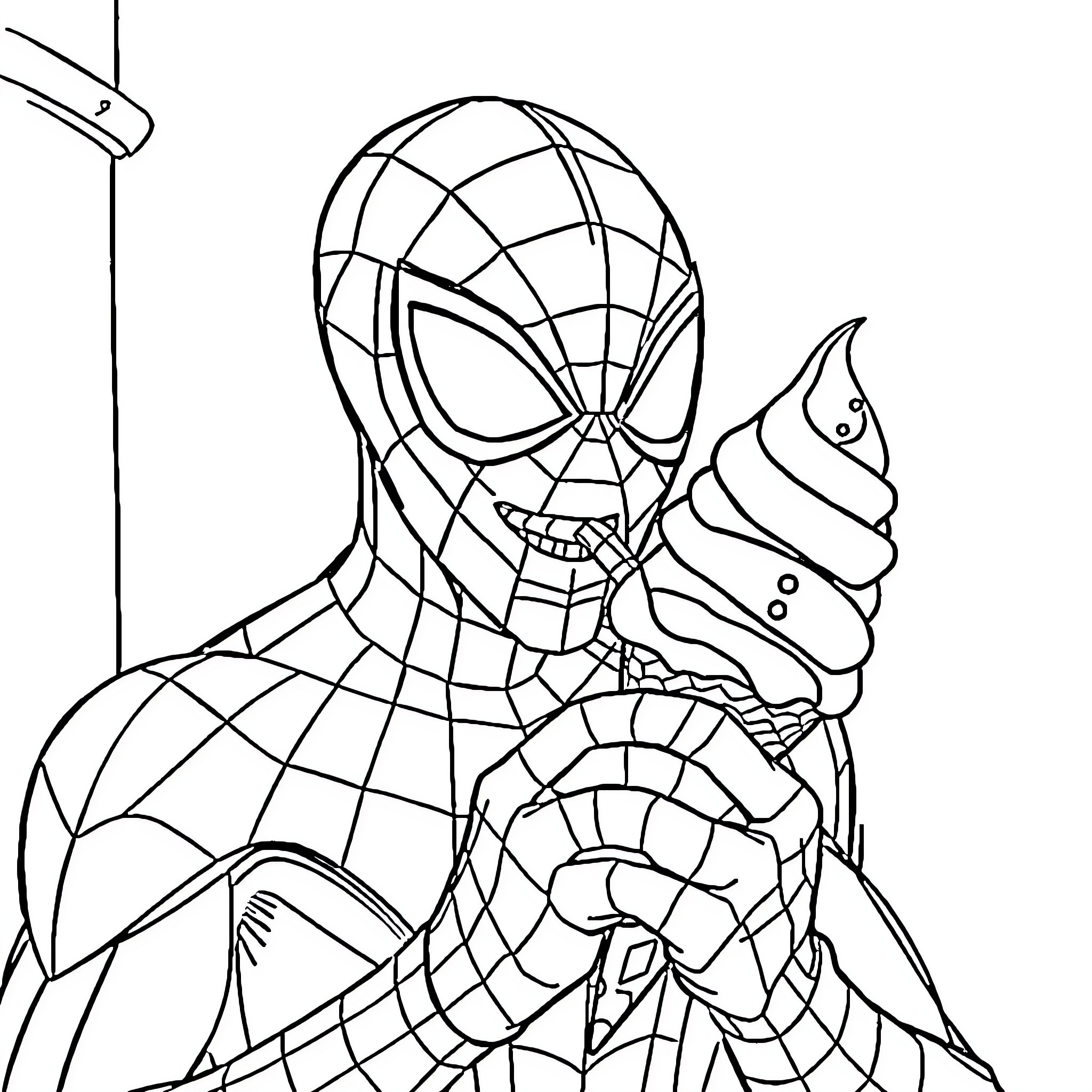 Spiderman enjoying a tasty ice cream treat Coloring Page (free black-and-white line drawing printable PDF for all, from beginners to advanced learners, including children, teens, adults, and seniors)