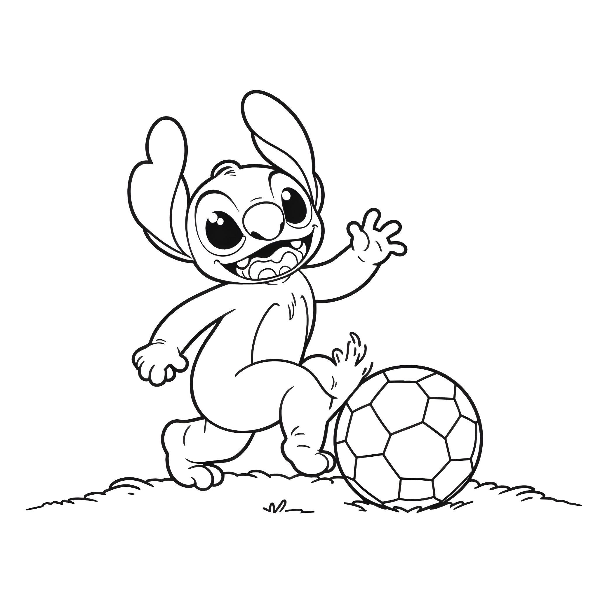 Stitch playing soccer with ball Coloring Page (free black-and-white line drawing printable PDF for all, from beginners to advanced learners, including children, teens, adults, and seniors)