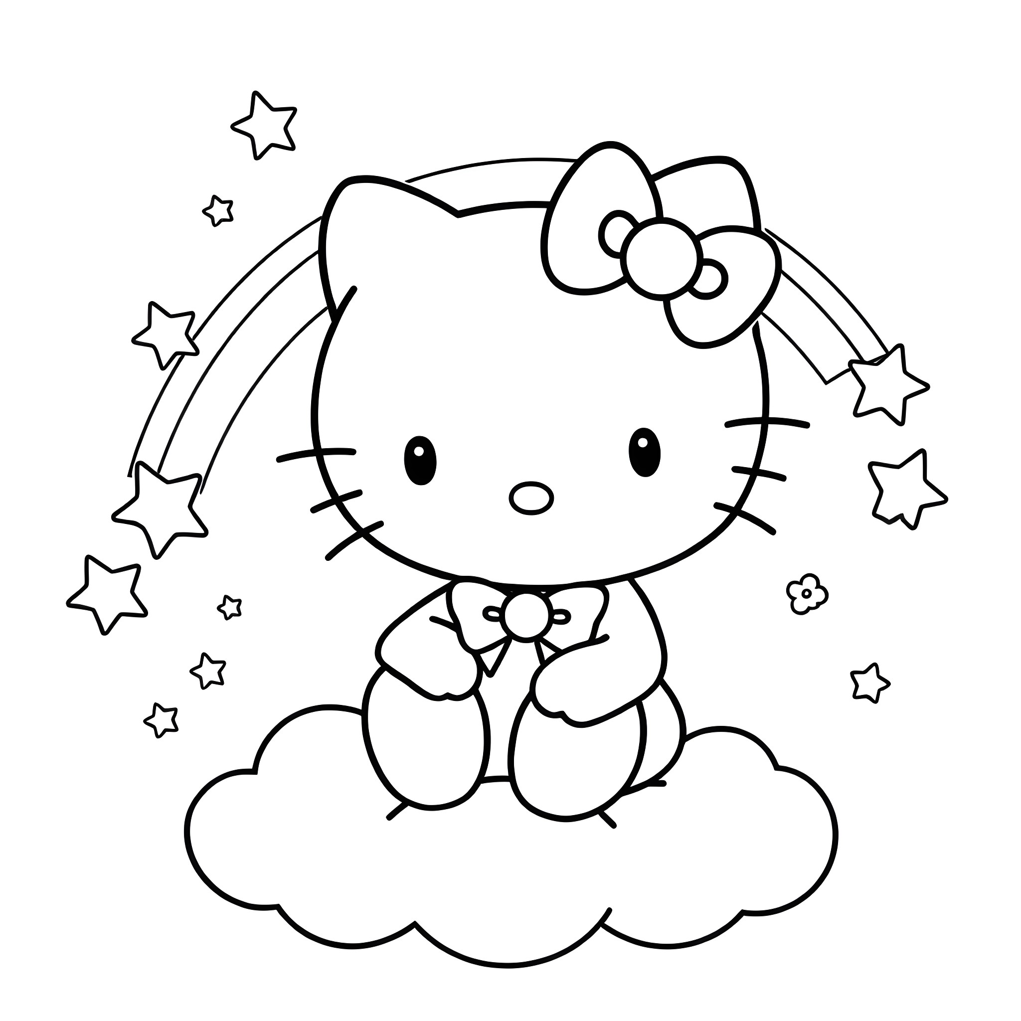 Hello Kitty sitting on a cloud with stars Coloring Page (free black-and-white line drawing printable PDF for all, from beginners to advanced learners, including children, teens, adults, and seniors)