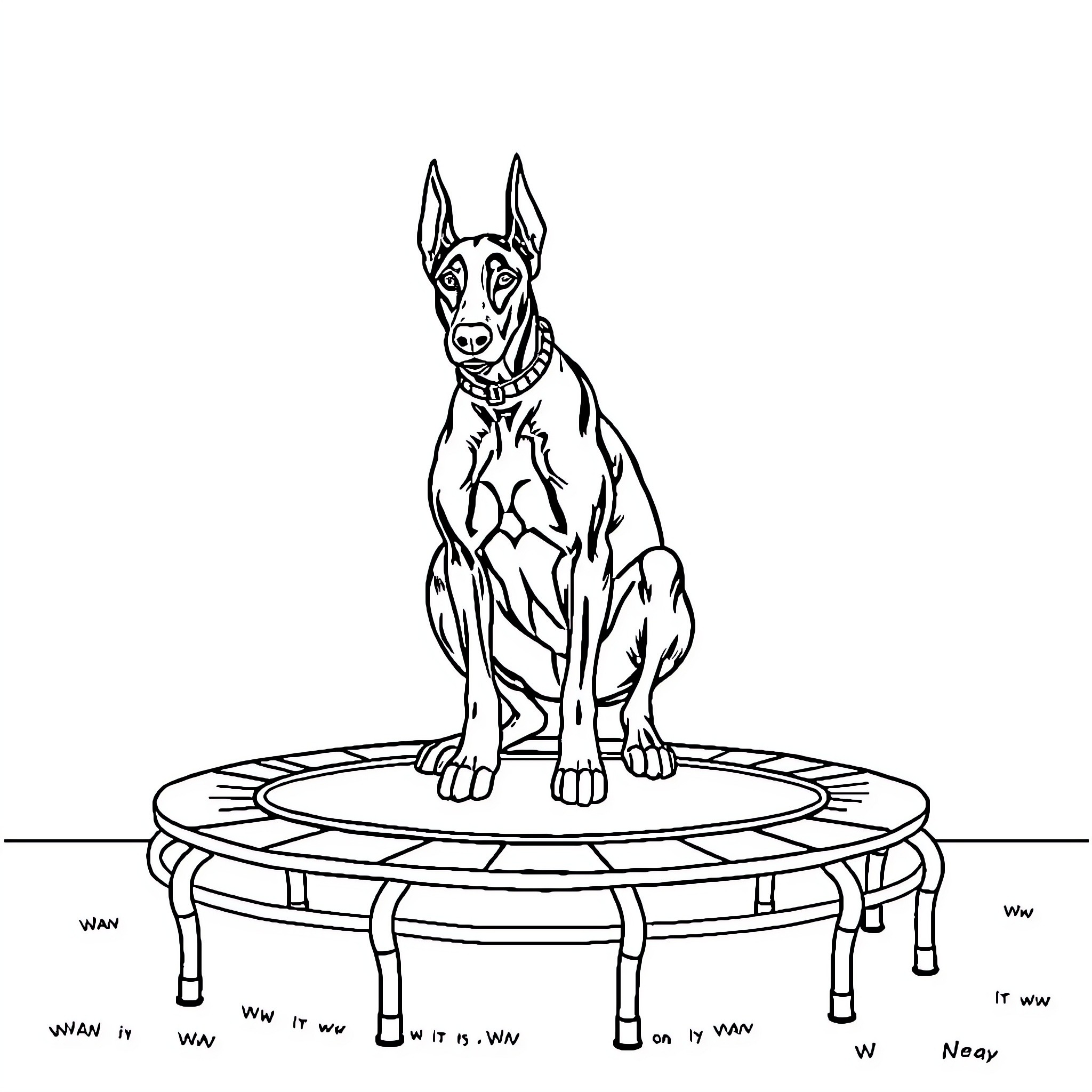 Doberman sitting attentively on a trampoline Coloring Page (free black-and-white line drawing printable PDF for all, from beginners to advanced learners, including children, teens, adults, and seniors)
