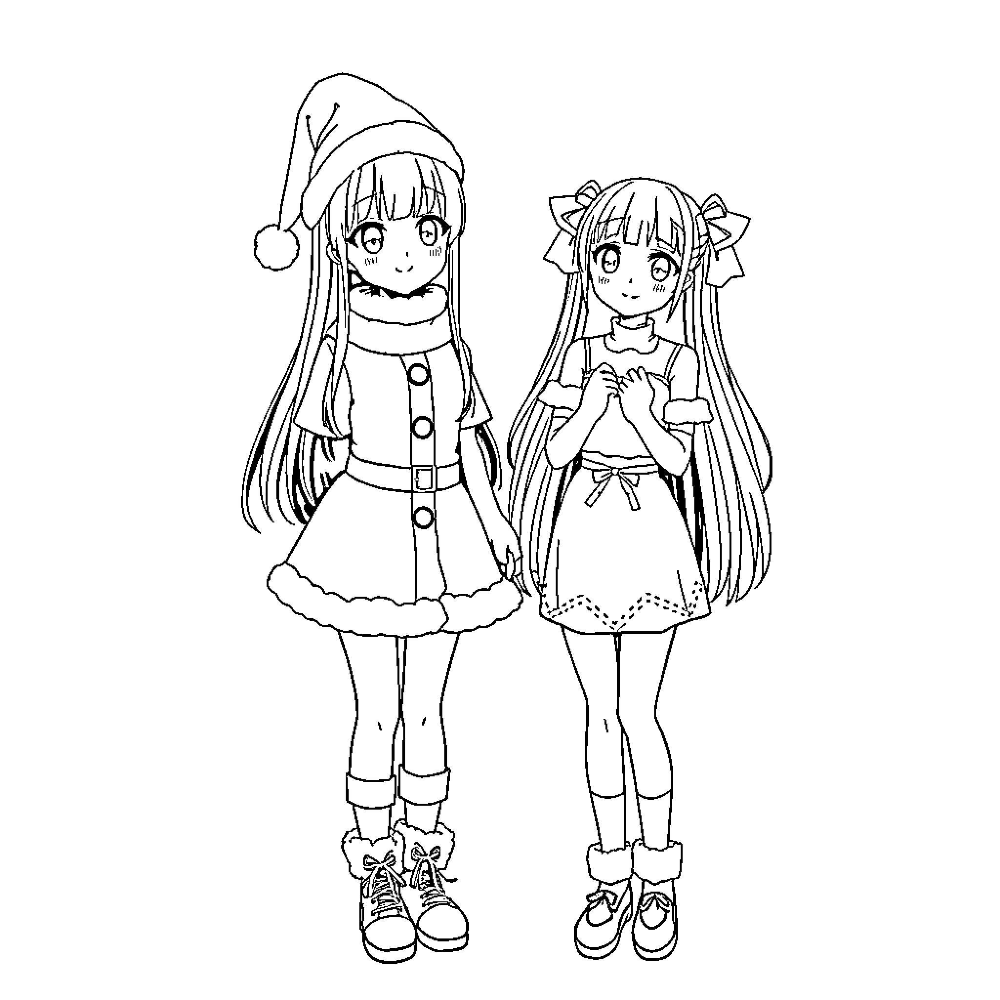 Kuromi and her friend in whimsical outfits Coloring Page (free black-and-white line drawing printable PDF for all, from beginners to advanced learners, including children, teens, adults, and seniors)