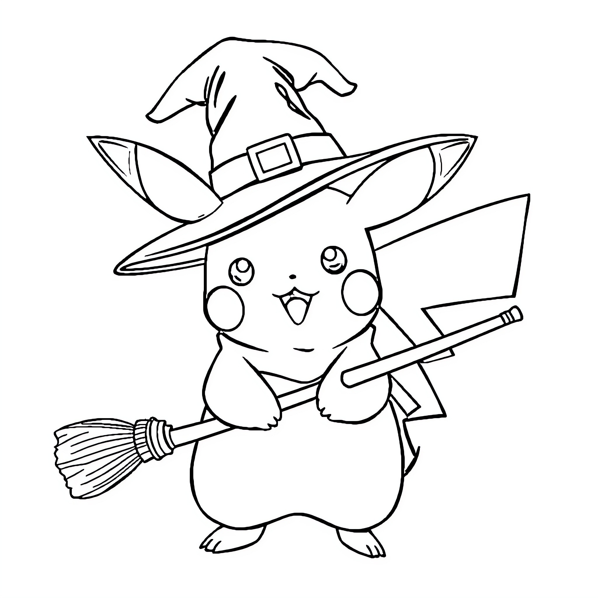 Pikachu the Witch Holding a Broom Coloring Page (free black-and-white line drawing printable PDF for all, from beginners to advanced learners, including children, teens, adults, and seniors)