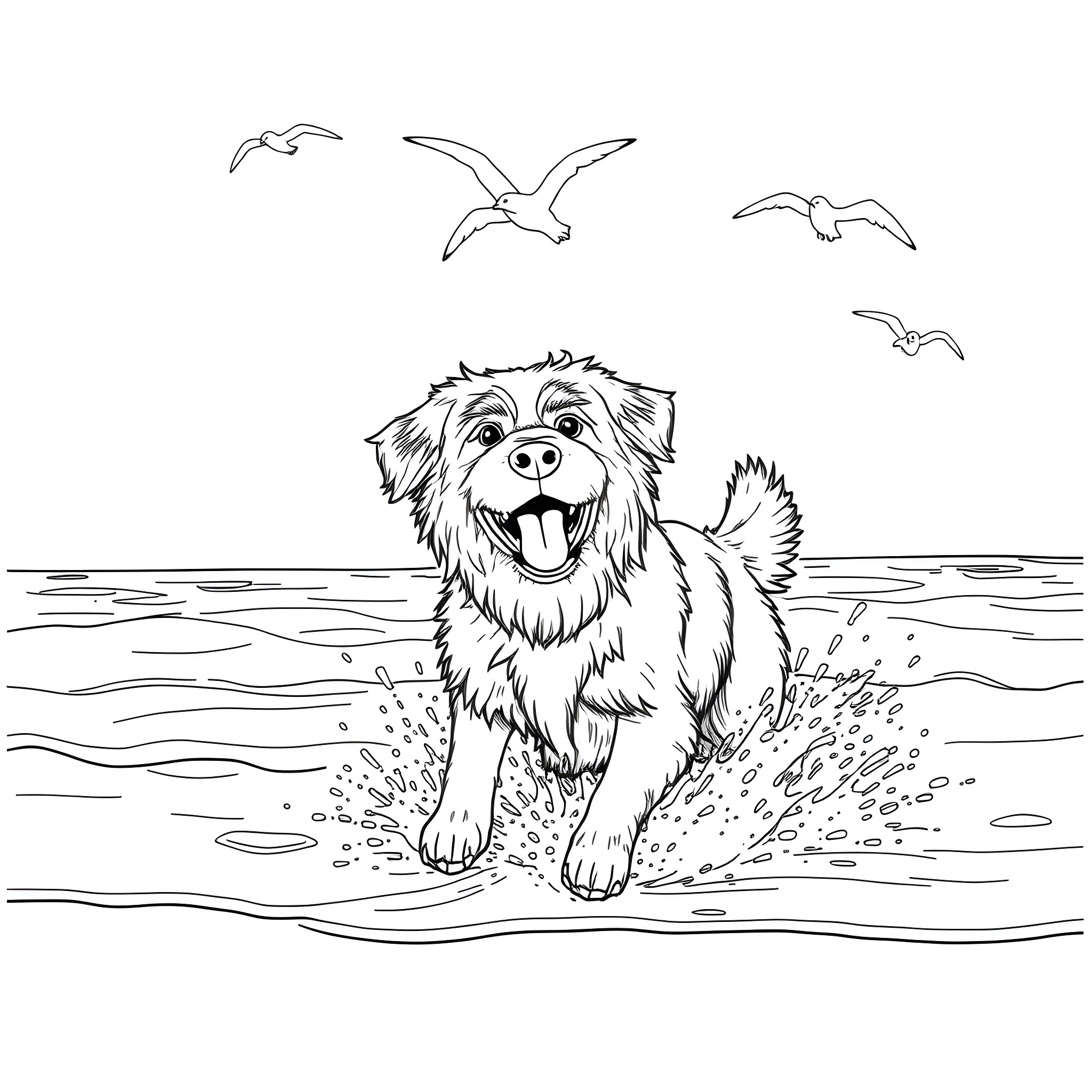 Dog playing happily in the water with seagulls Coloring Page (free black-and-white line drawing printable PDF for all, from beginners to advanced learners, including children, teens, adults, and seniors)