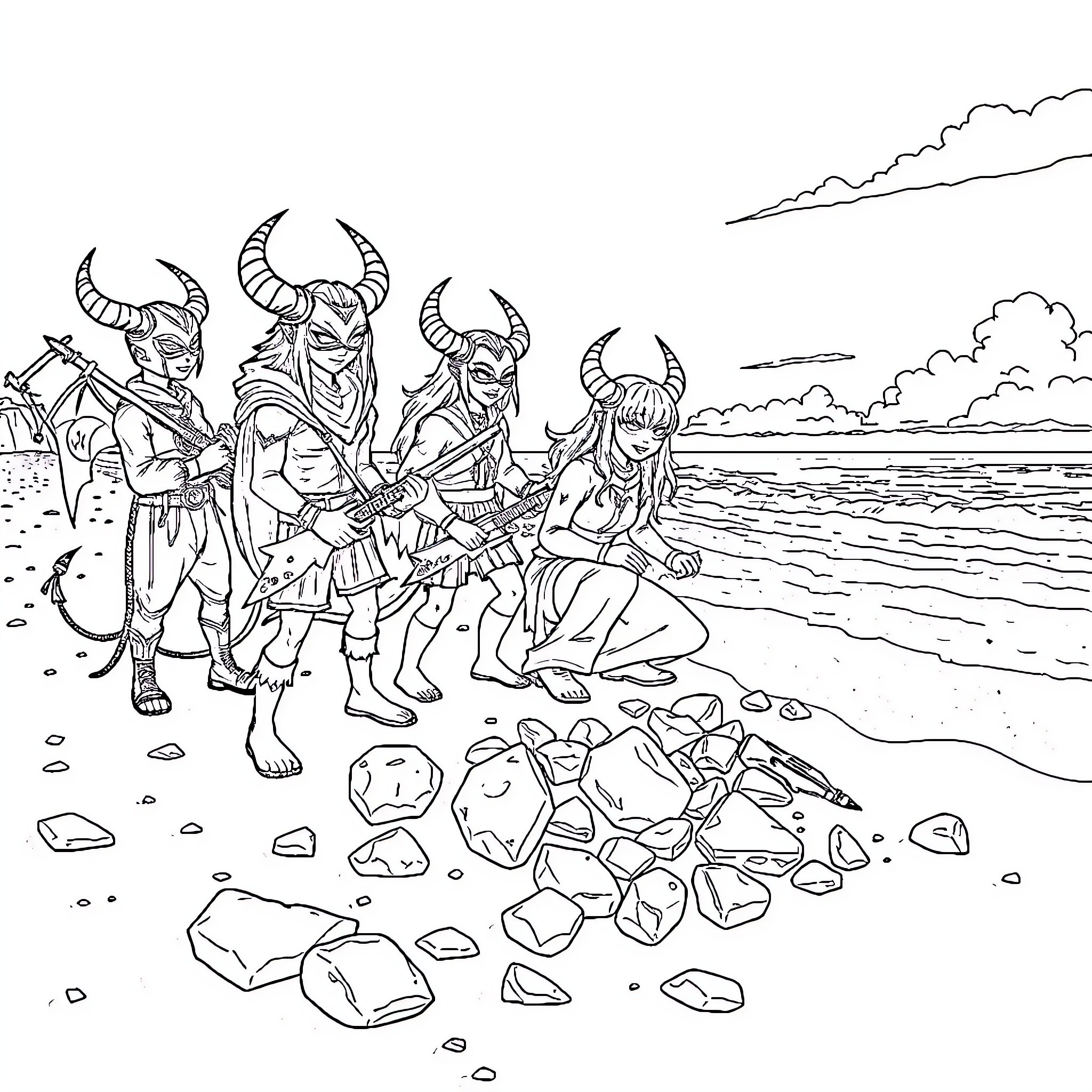 Demon Slayer Warriors Gather on the Seaside Coloring Page (free black-and-white line drawing printable PDF for all, from beginners to advanced learners, including children, teens, adults, and seniors)
