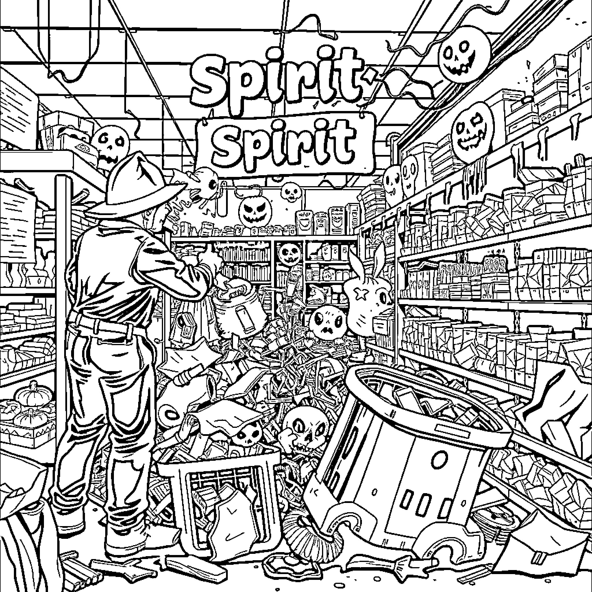 Christmas shopping in a spooky spirit store Coloring Page (free black-and-white line drawing printable PDF for all, from beginners to advanced learners, including children, teens, adults, and seniors)