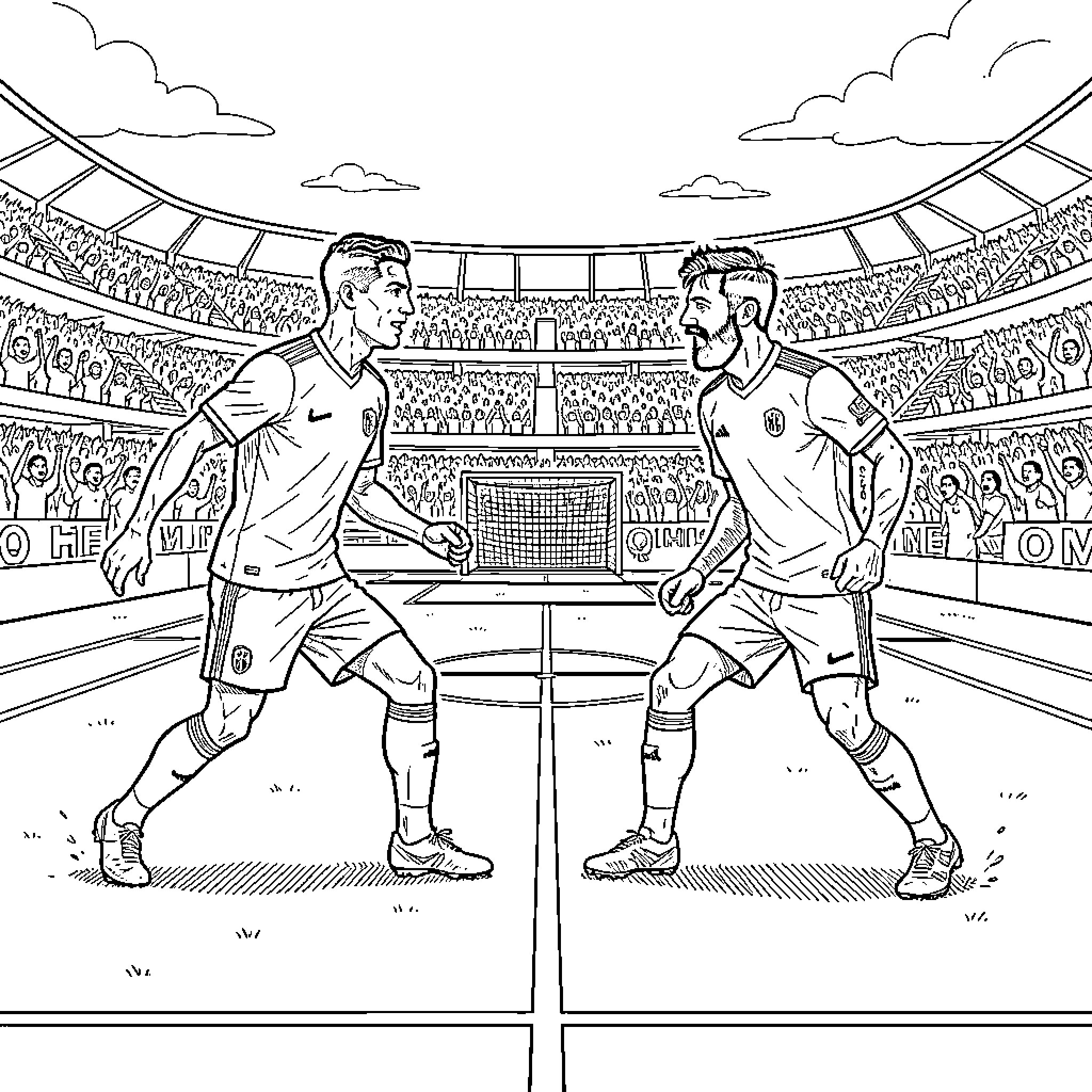 Ronaldo facing an opponent on a crowded football pitch Coloring Page (free black-and-white line drawing printable PDF for all, from beginners to advanced learners, including children, teens, adults, and seniors)