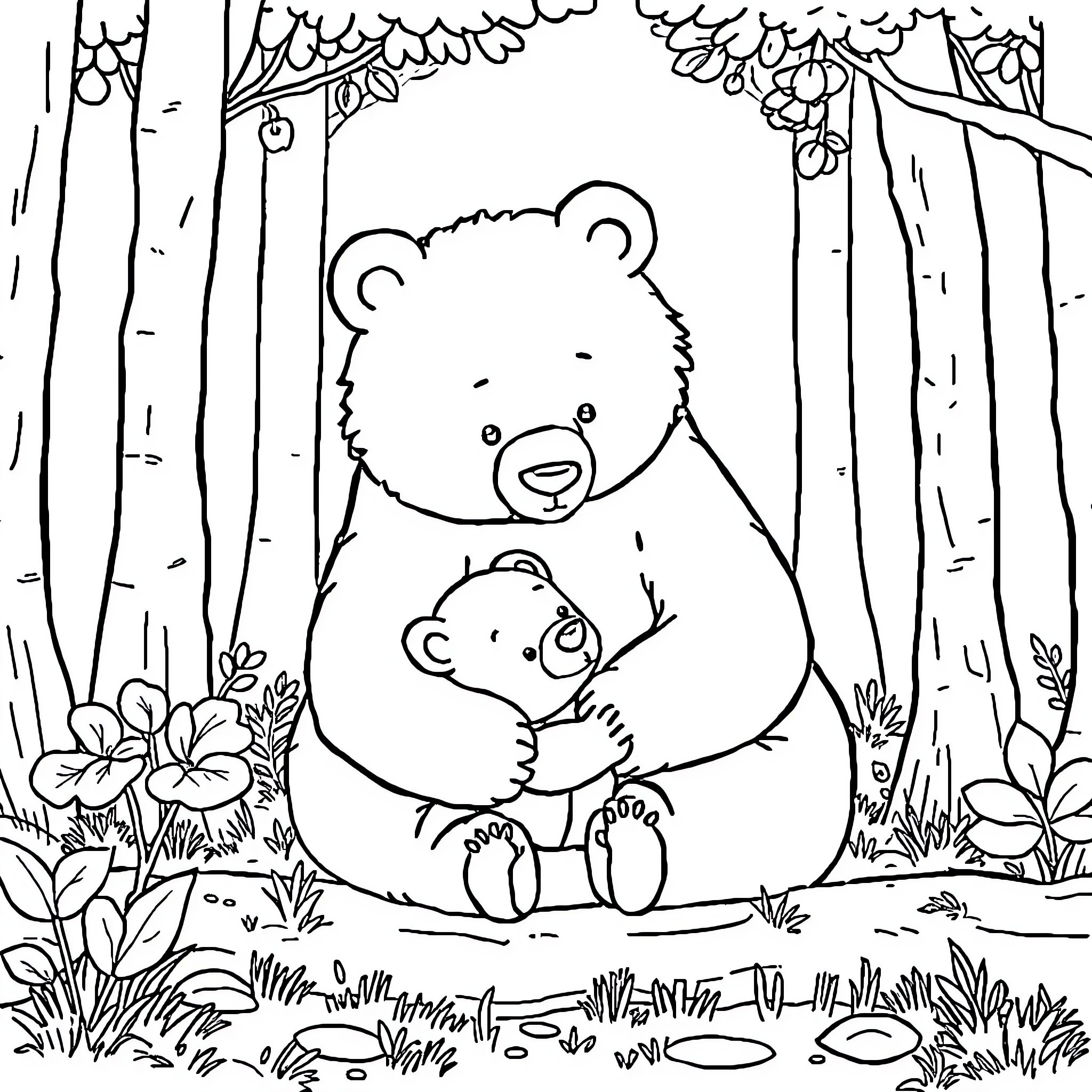 Bear mom and baby in forest Coloring Page (free black-and-white line drawing printable PDF for all, from beginners to advanced learners, including children, teens, adults, and seniors)
